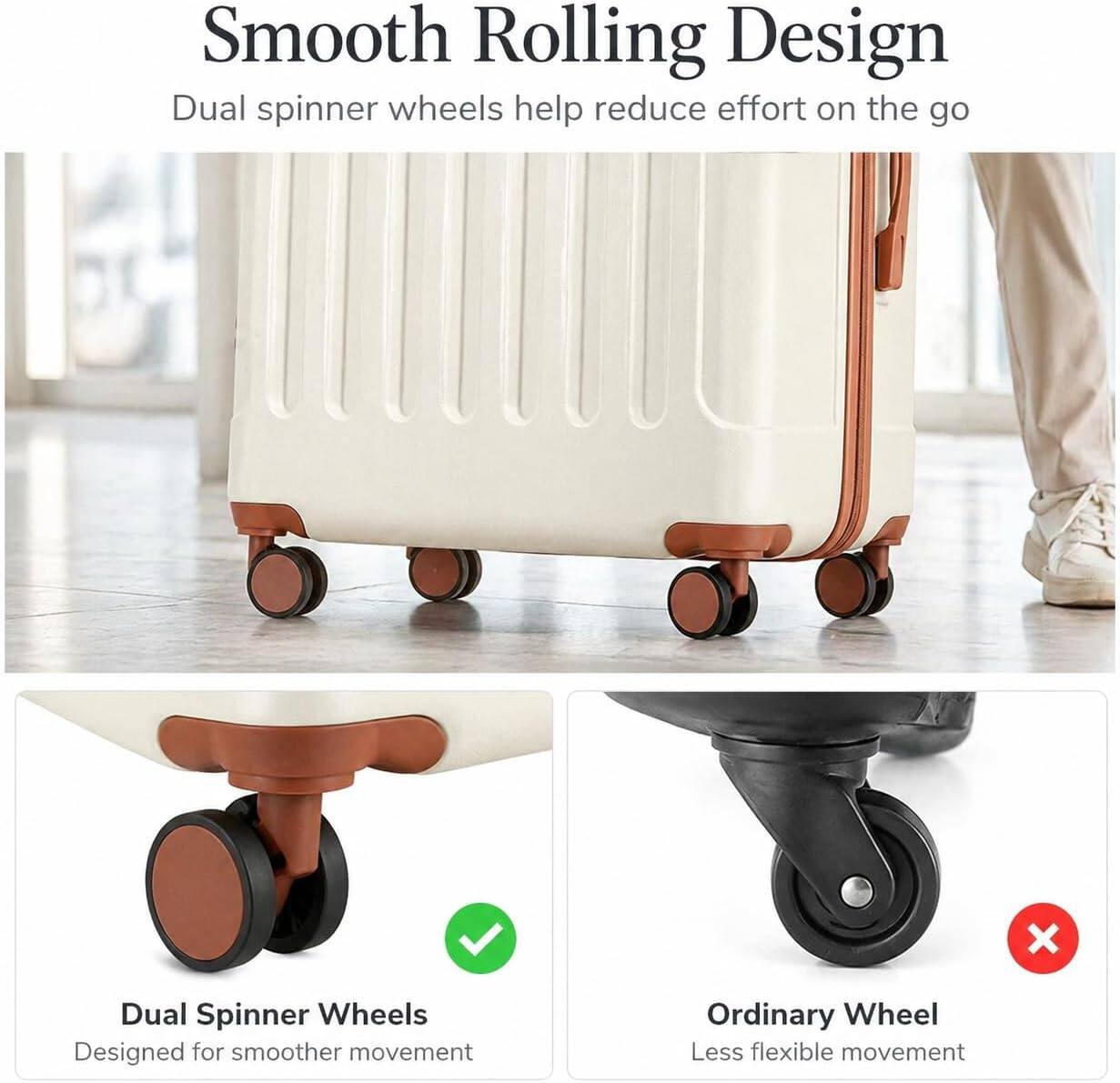 Smooth Rolling Design  
Dual spinner wheels help reduce effort on the go  

Dual Spinner Wheels  
Designed for smoother movement  

Ordinary Wheel  
Less flexible movement