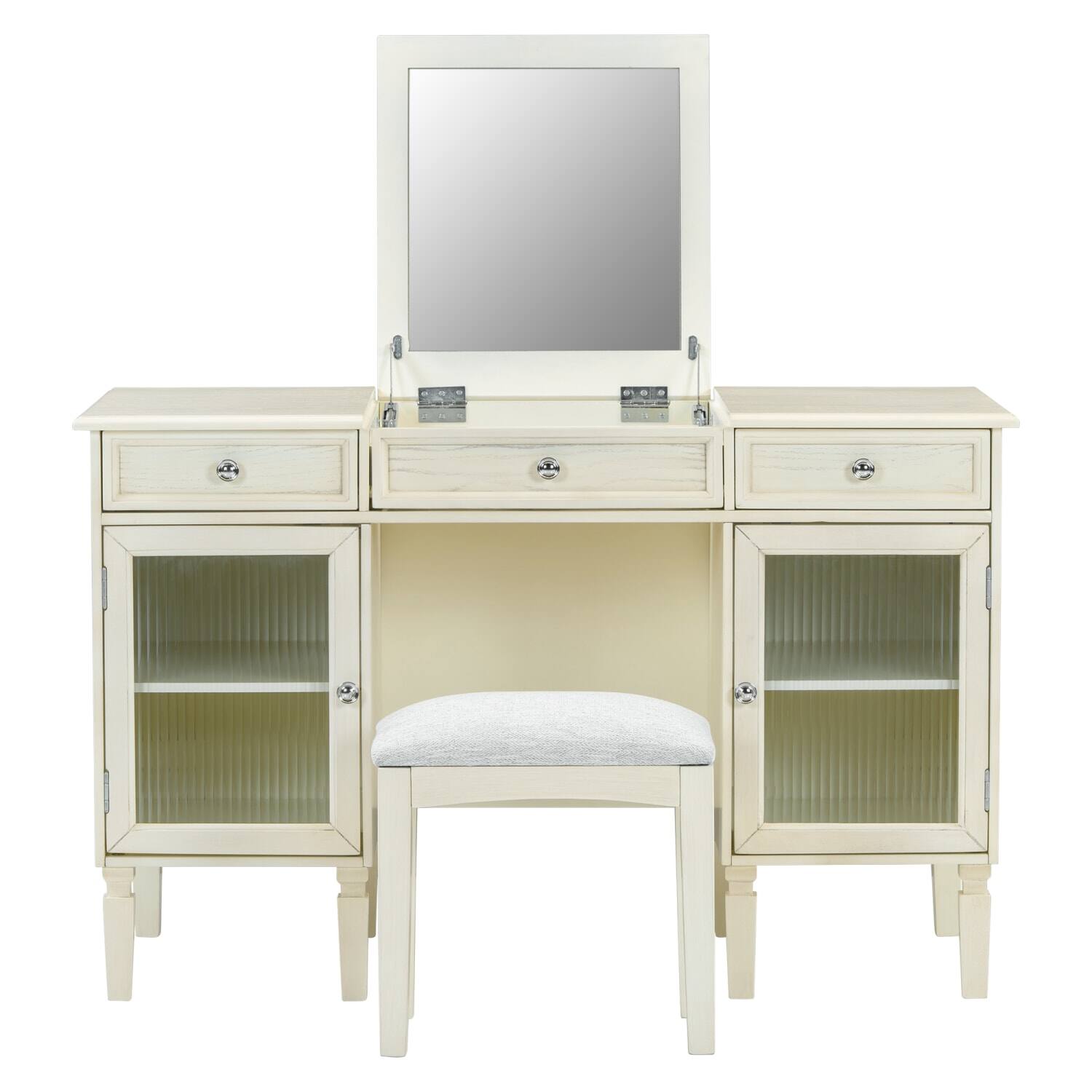 Angle. Lirago - White Oak 2-in-1 Vanity Desk with Flip-Top Mirror Dressing Table with Drawer Cabinet 20.2”D x 46.5“ W x 29.7“ H - White.