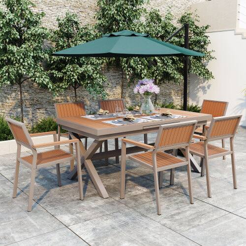 Left. Mondawe - 7-Piece Outdoor Dining Set with 6 Chairs and Extendable Table - Camel+Natural.
