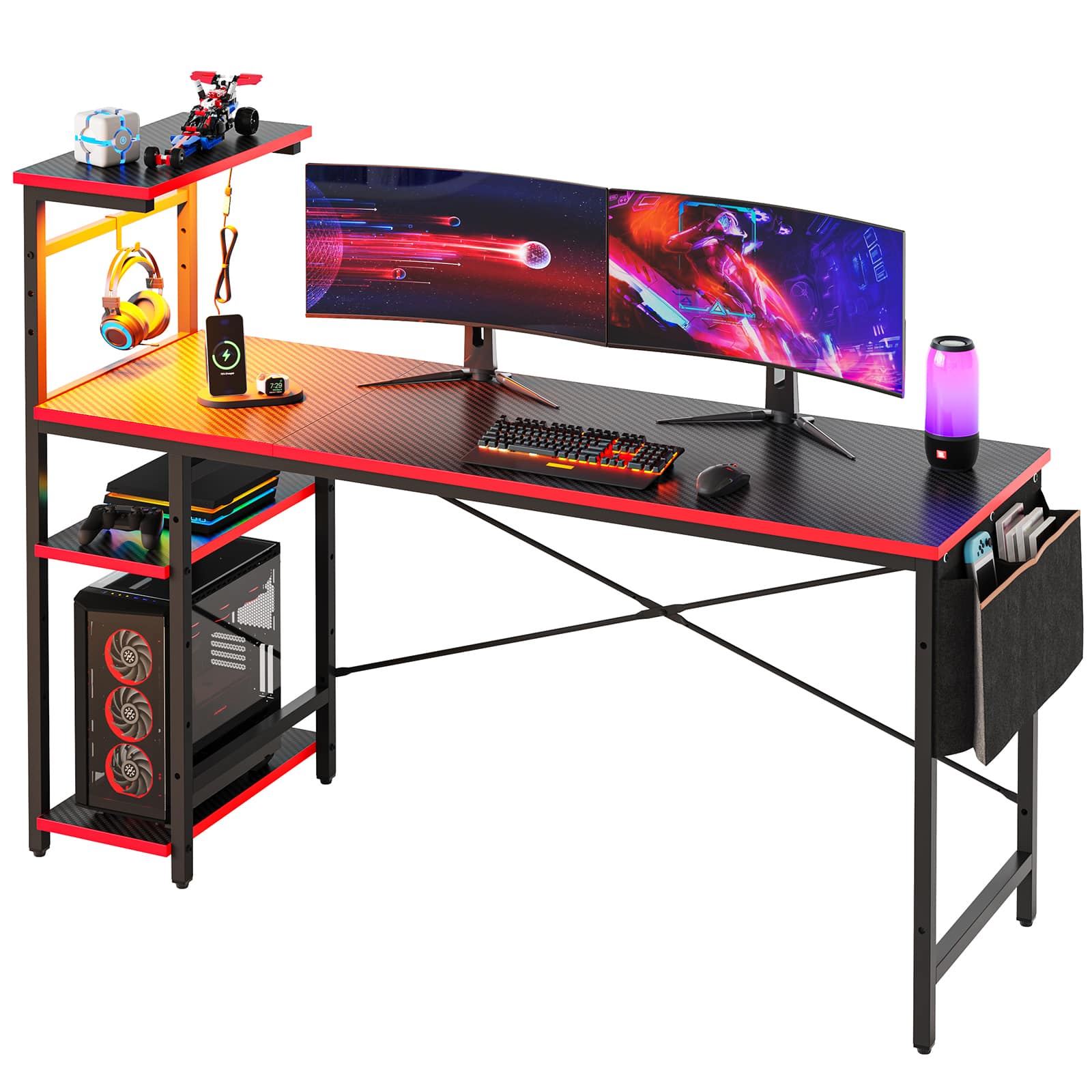 Front. Bestier - 61inch Gaming Desk with LED Lights Storage Shelves File Pockets & Hooks Spacious RGB Gaming Table - Carbon Fiber Black.