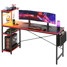 Bestier - 61inch Gaming Desk with LED Lights Storage Shelves File Pockets & Hooks Spacious RGB Gaming Table - Carbon Fiber Black