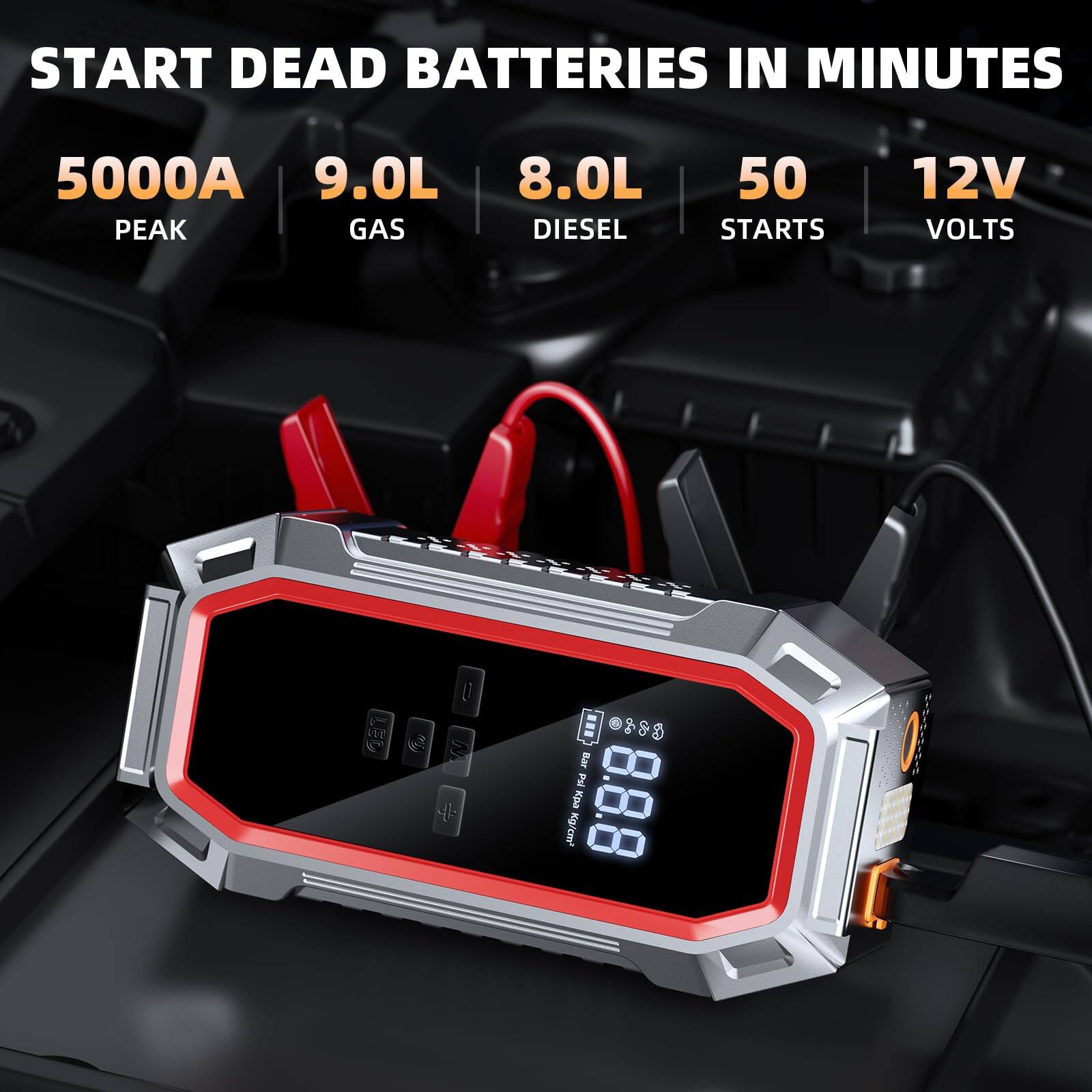 START DEAD BATTERIES IN MINUTES

5000A PEAK  
9.0L GAS  
8.0L DIESEL  
50 STARTS  
12V VOLTS