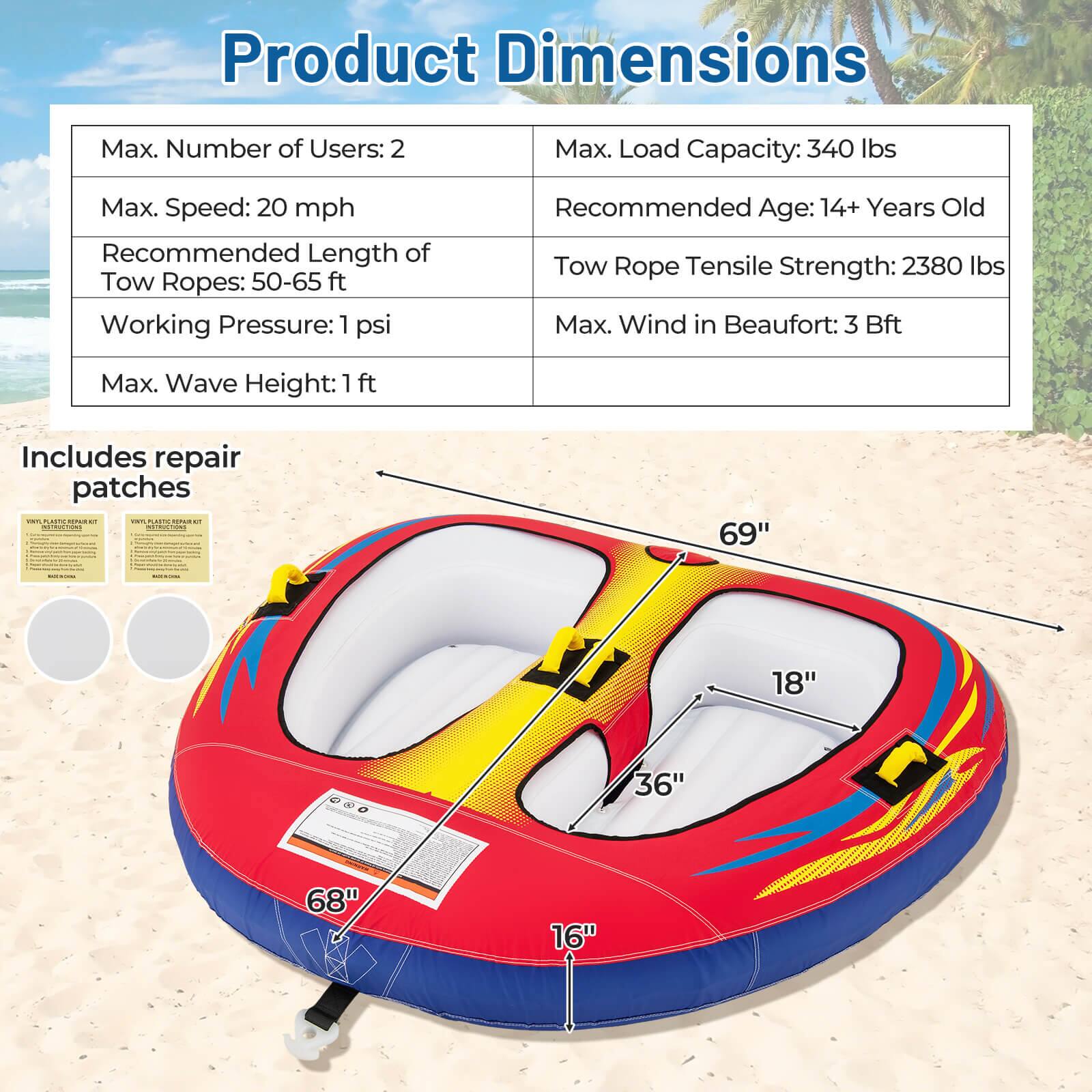 Product Dimensions

Max. Number of Users: 2
Max. Load Capacity: 340 lbs
Max. Speed: 20 mph
Recommended Length of Tow Ropes: 50-65 ft
Working Pressure: 1 psi
Recommended Age: 14+ Years Old
Tow Rope Tensile Strength: 2380 lbs
Max. Wind in Beaufort: 3 Bft
Max. Wave Height: 1 ft
Includes repair patches

I ei Cne i mNiie MI.E TCAN : 69" - J 36" 18" 68" 16"