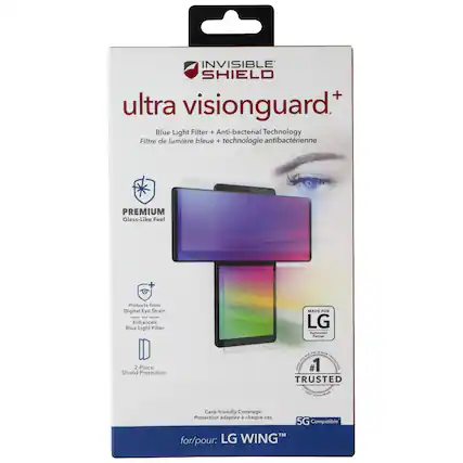 INVISIBLE SHIELD ultra visionguard+
Blue Light Filter + Anti-bacterial Technology
Filtre de lumière bleue + technologie antibactérienne
PREMIUM Glass-Like Feel
Protects from Digital Eye Strain and Enhanced Blue Light Filter
MADE FOR LG Authorized Partner
2-Piece Shield Protection
Case-friendly Coverage Protection adapte à chaque cas
5G Compatible for/pour: LG WING™