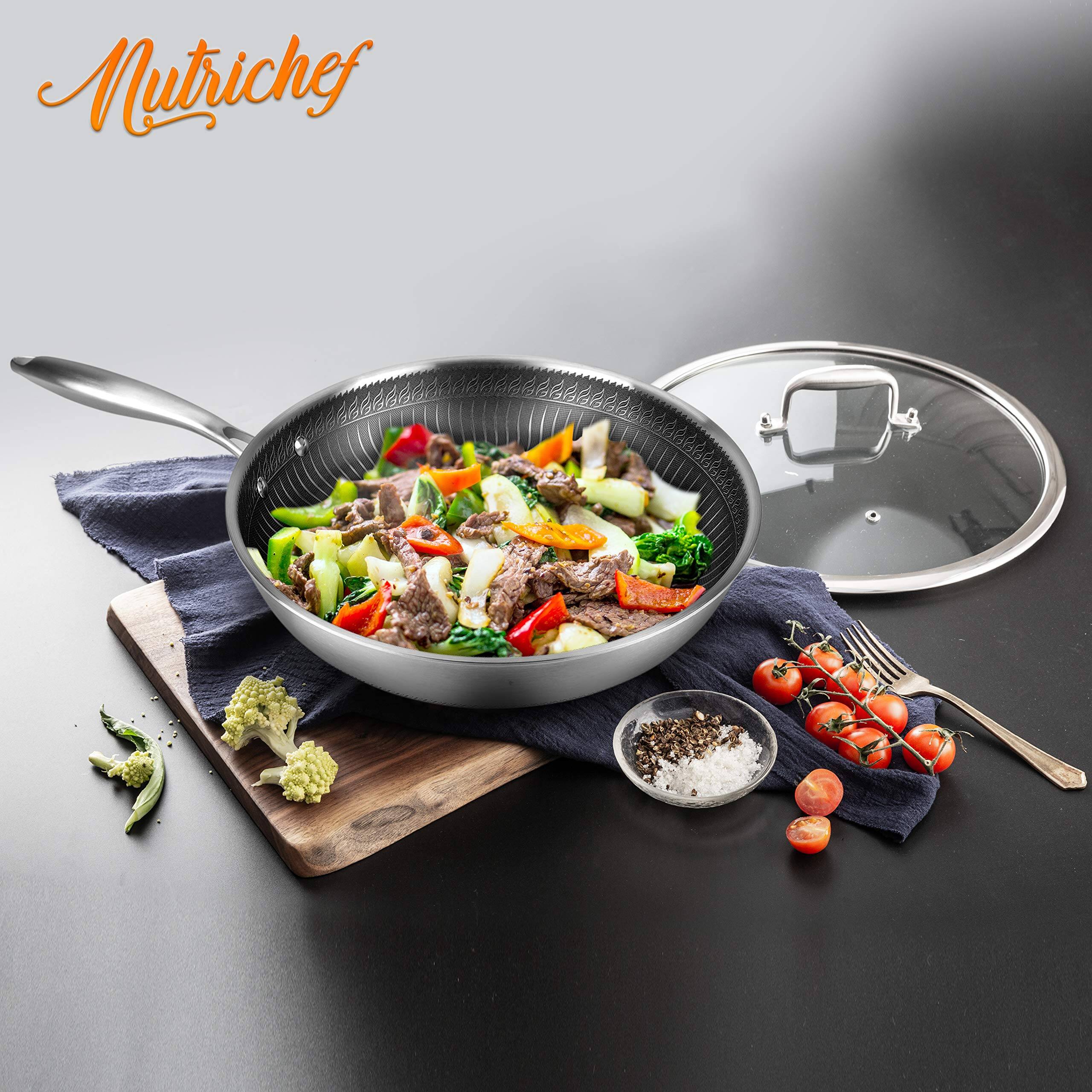 Left. NutriChef - NutriChef 8" Stainless Steel Frying Pan with Lid, Triply Kitchenware, Nonstick, Scratch-Resistant, Honeycomb Pattern - Stainless Steel.