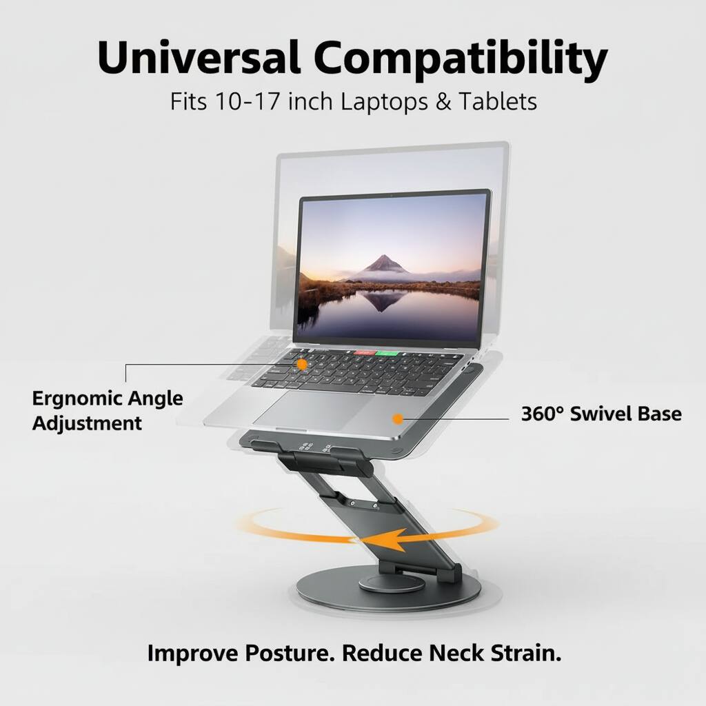 Universal Compatibility  
Fits 10-17 inch Laptops & Tablets  
Ergonomic Angle Adjustment  
360° Swivel Base  
Improve Posture. Reduce Neck Strain.