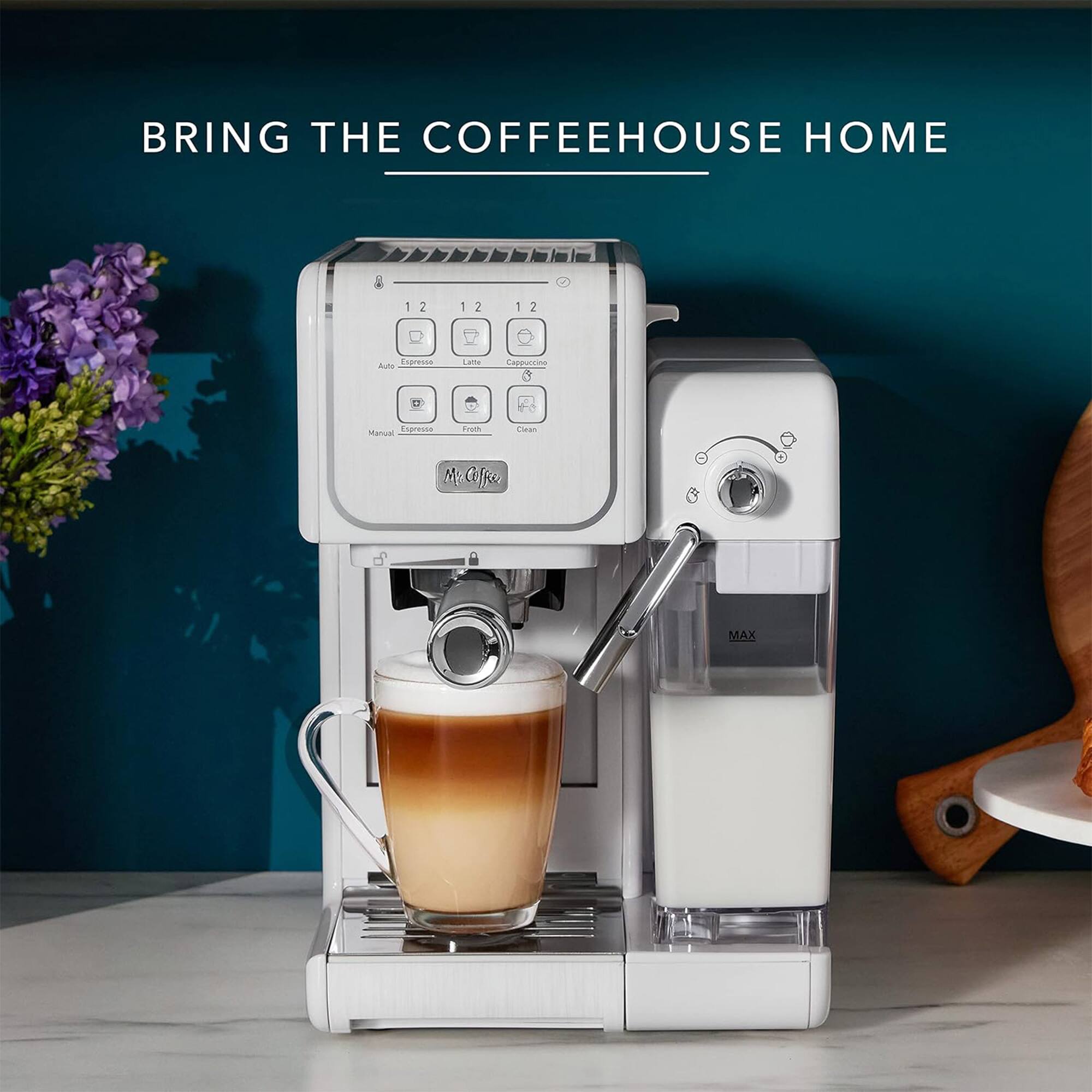 BRING THE COFFEEHOUSE HOME

Espresso  
Latte  
Cappuccino  
Auto  
Manual  
Espresso  
Froth  
Clean  

MAX