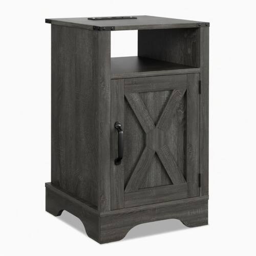 Alt View 4. LUCKY ONE - 16" Assembled Farmhouse Nightstand with Charging Station USB - Dark Grey.