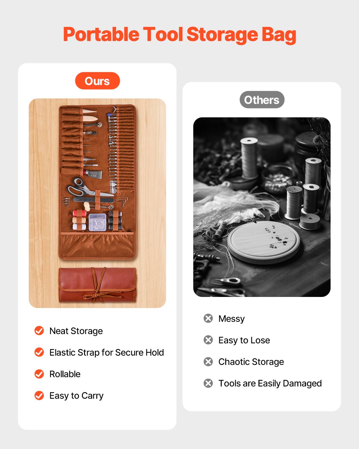 Portable Tool Storage Bag

**Ours**
- Neat Storage
- Elastic Strap for Secure Hold
- Rollable
- Easy to Carry

**Others**
- Messy
- Easy to Lose
- Chaotic Storage
- Tools are Easily Damaged