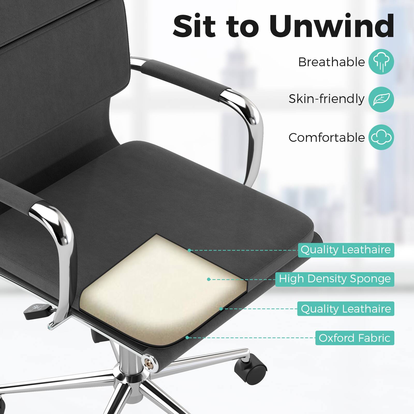 Sure, here is the corrected and grouped text from the image:

---

**Sit to Unwind**

- Breathable
- Skin-friendly
- Comfortable

---

**Features:**

- Quality Leathaire
- High Density Sponge
- Quality Leathaire
- Oxford Fabric

---
