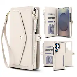 Dteck - Crossbody RFID Blocking Zipper Wallet Card For Samsung Galaxy S26 Ultra Handbag Magnetic Stand Wrist Strap Case - White