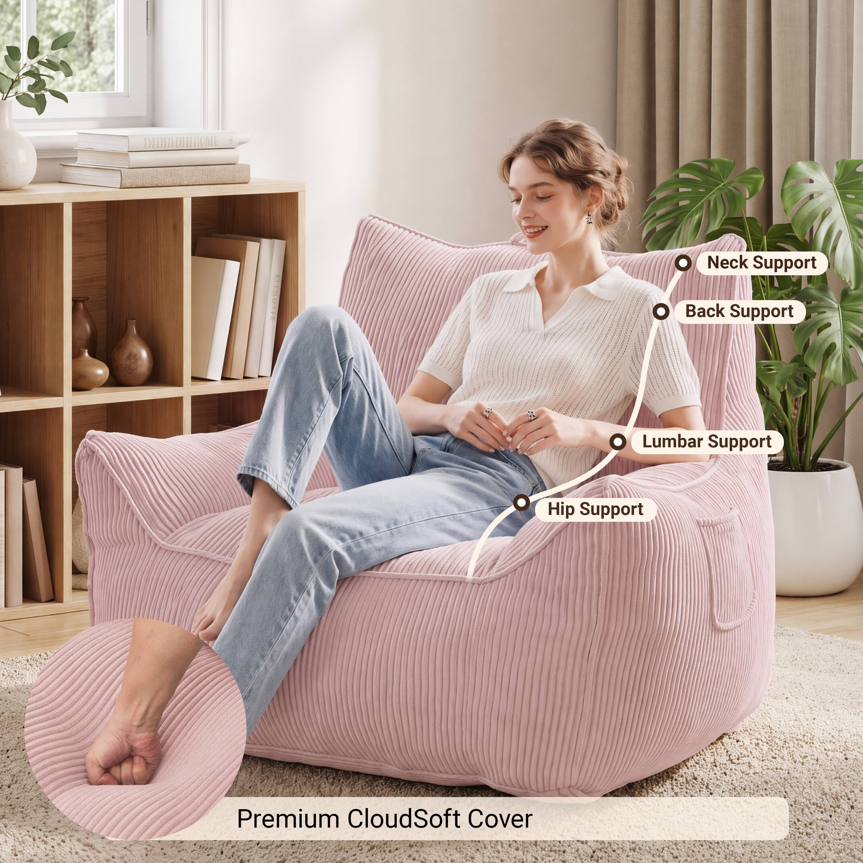 Neck Support  
Back Support  
Lumbar Support  
Hip Support  
Premium CloudSoft Cover