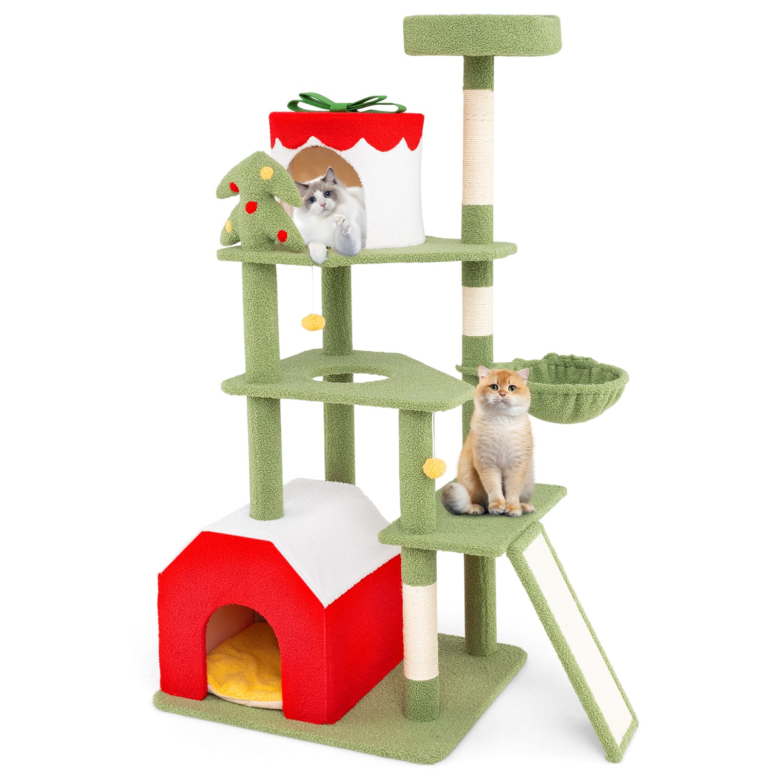 Costway - 61" Tall Christmas Cat Tower w/ Sisal Scratching Posts Pet Furniture for Indoor Kittens - Green,Red,Yellow,White