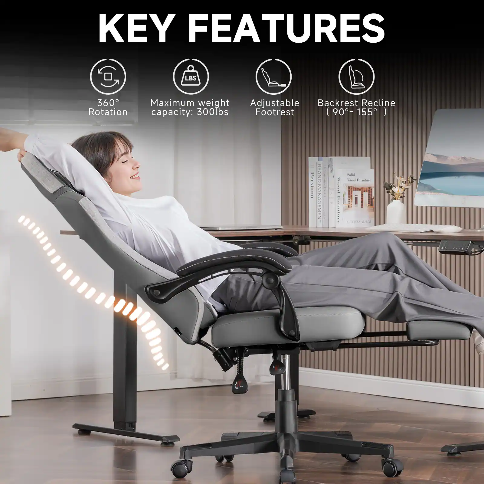 KEY FEATURES

- 360° Rotation
- Maximum weight capacity: 300lbs
- Adjustable Footrest
- Backrest Recline (90° - 155°)