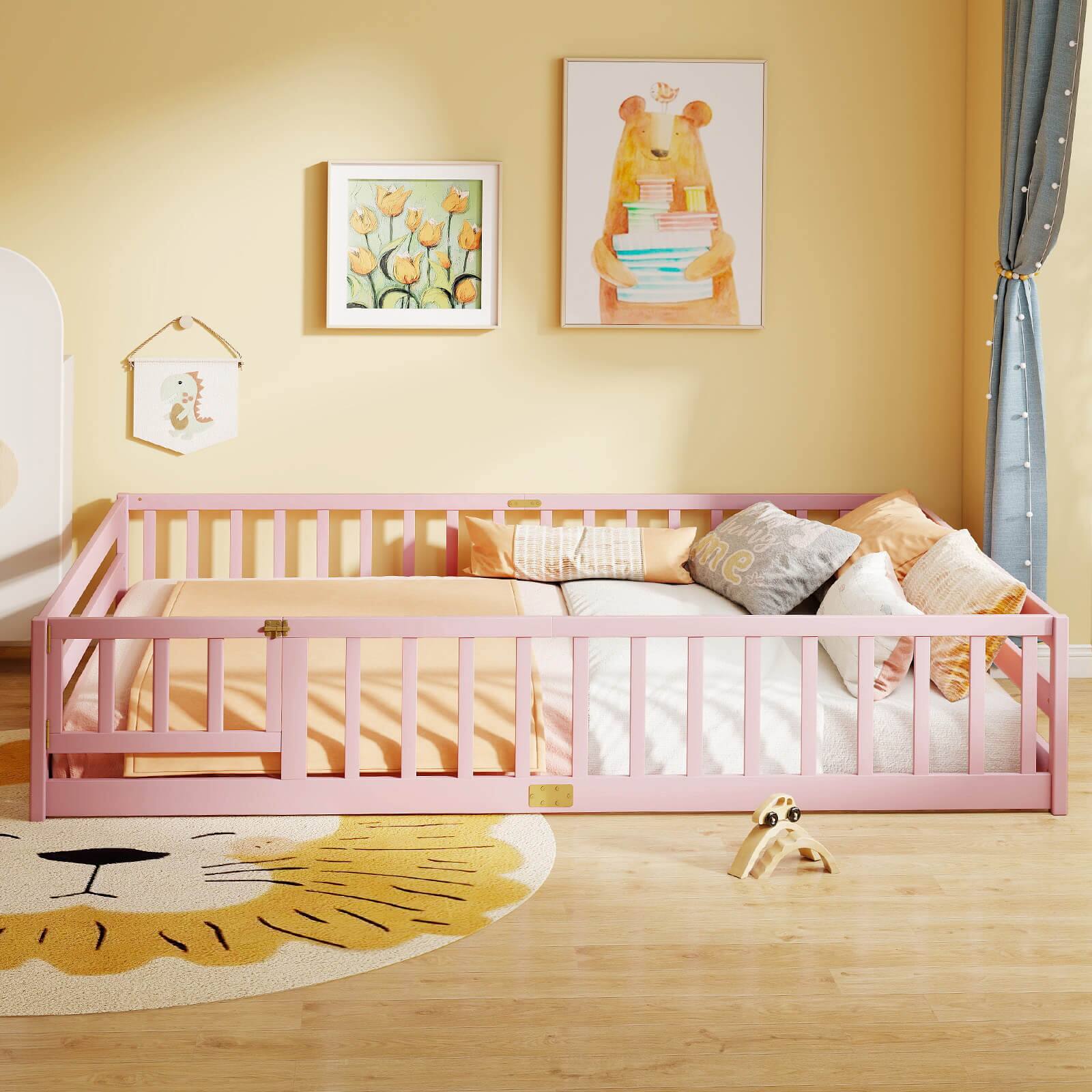 Alt View 4. Costway - Costway Queen Size Floor Bed with Full Length Safety Guardrails & Door for Boys, Girls - Pink.
