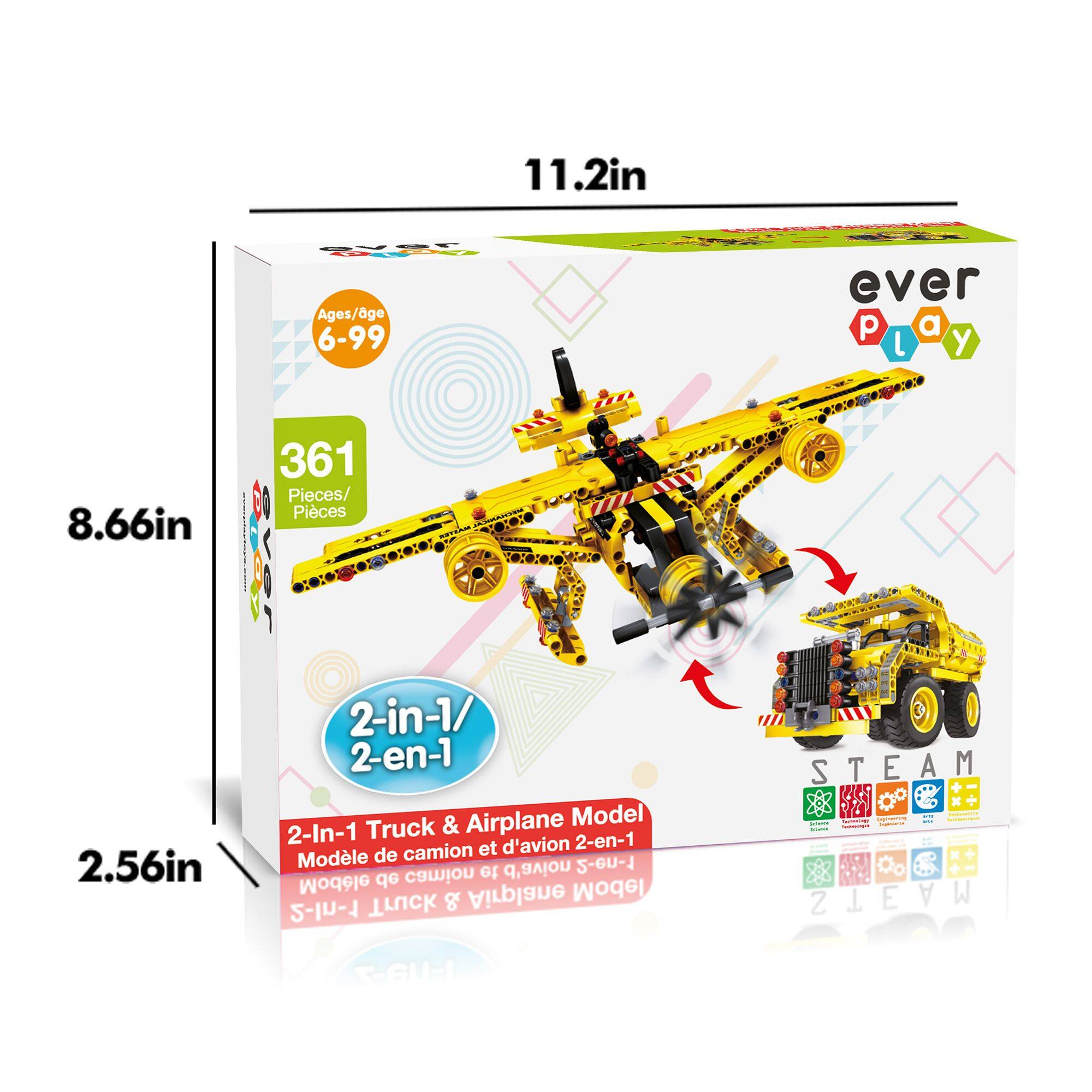 11.2in  
Ages/age 6-99  
ever play  
361 Pieces/ Pices  
2-in-1/ 2-en-1  
2-In-1 Truck & Airplane Model  
Modèle de camion et d'avion 2-en-1  
STEAM