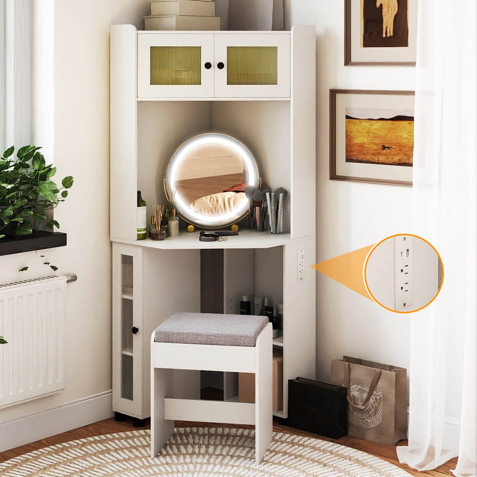 Alt View 4. Costway - Costway Corner Vanity Desk with Mirror & Lights Compact Dressing Table with Charging Station - White.