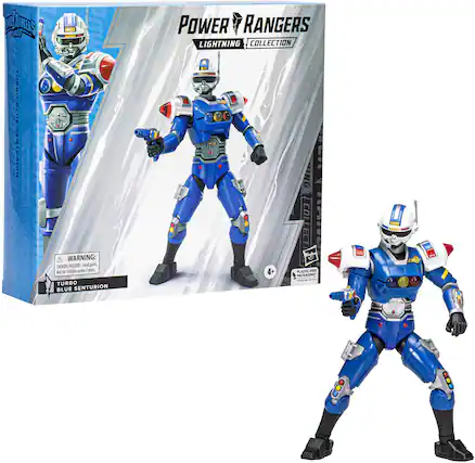 The text on the image is:
"POWER RANGERS LIGHTNING COLLECTION
TURBO BLUE SENTURION
WARNING: CHOKING HAZARD - Small parts. Not for children under 3 years.
4+ PLASTIC-FREE PACKAGING"
Corrected and grouped text:
"POWER RANGERS LIGHTNING COLLECTION
TURBO BLUE SENTURION
WARNING: CHOKING HAZARD - Small parts. Not for children under 3 years.
4+ PLASTIC-FREE PACKAGING"
