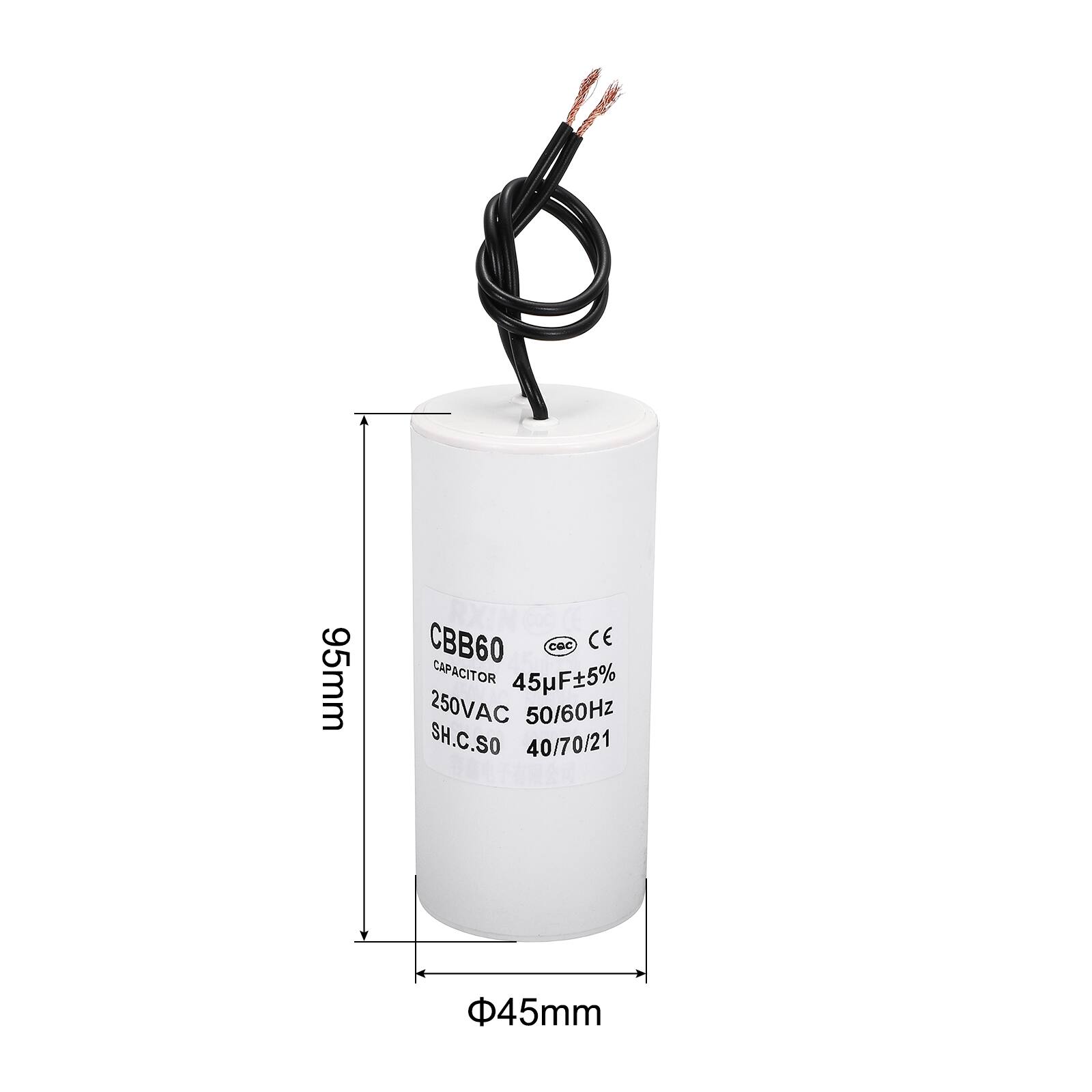 95mm CBB60 Capacitor 45uF ±5% 250VAC 50/60Hz SH.C.SO 40/70/21 45mm