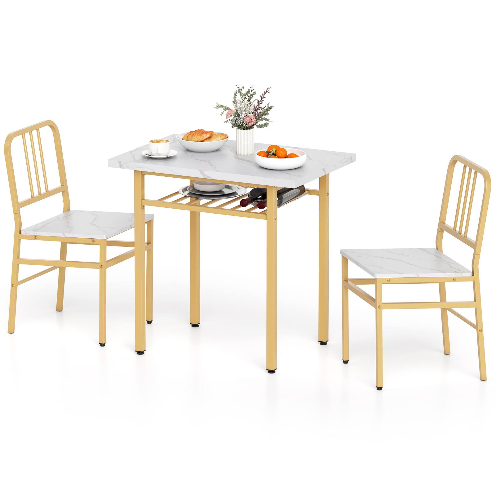 Alt View 8. Gymax - Gymax 3-Piece Rectangular Dining Table&Chairs Set Wooden Breakfast Nook w/Storage Rack White & Gold - White.