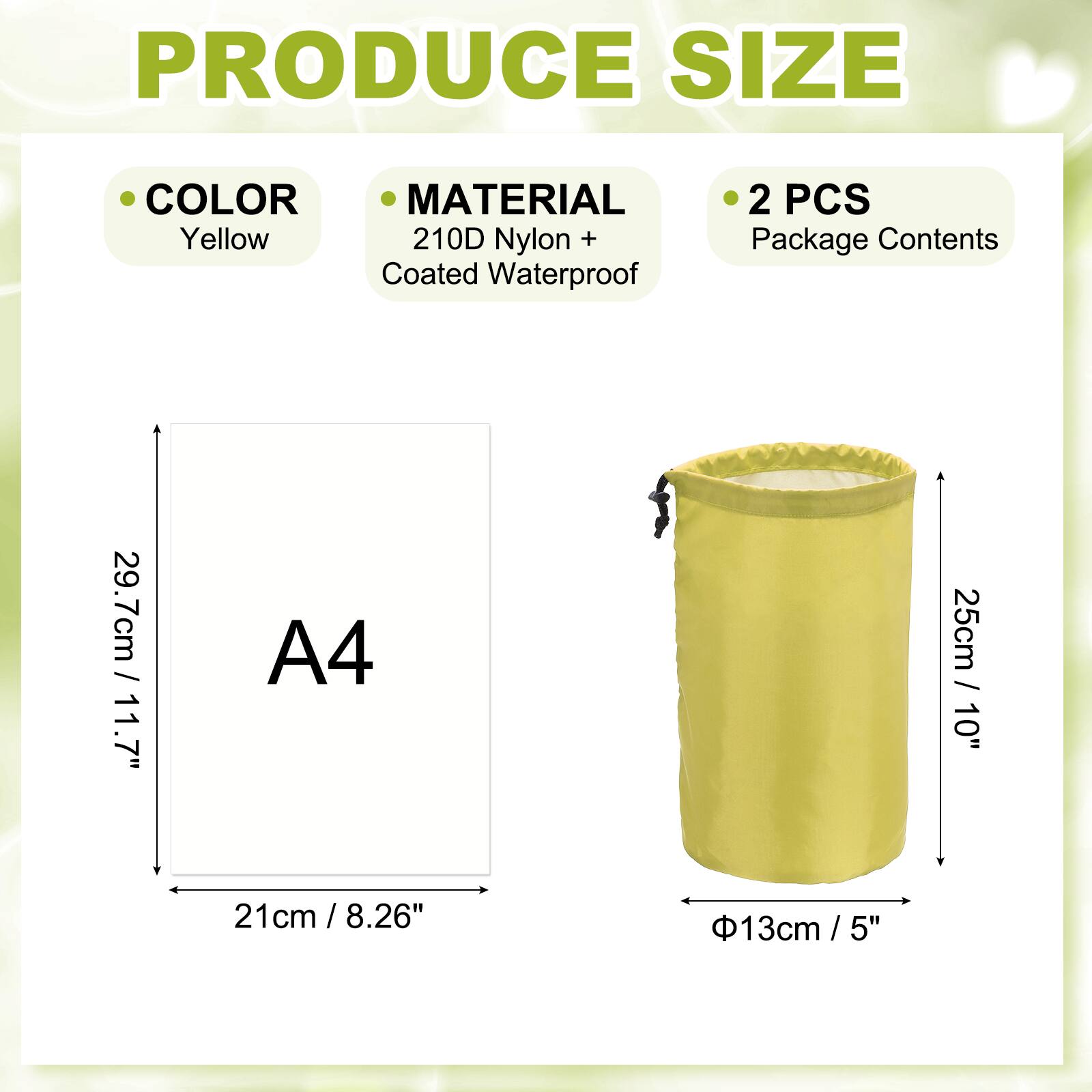 **PRODUCE SIZE**

- **COLOR:** Yellow
- **MATERIAL:** 210D Nylon + Coated Waterproof
- **2 PCS** Package Contents

**A4**
- 29.7cm / 11.7"
- 21cm / 8.26"

**Cylindrical Bag**
- 25cm / 10"
- Ø13cm / 5"