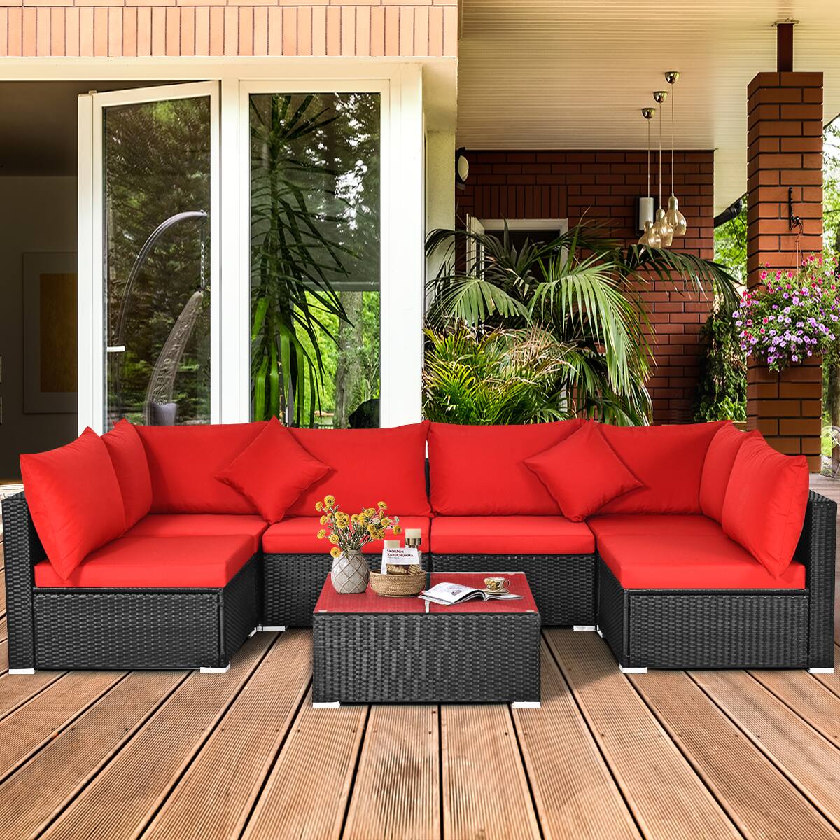 Alt View 3. Gymax - Gymax 7PCS Rattan Patio Conversation Set Sectional Furniture Set w/ Red Cushion - Red.