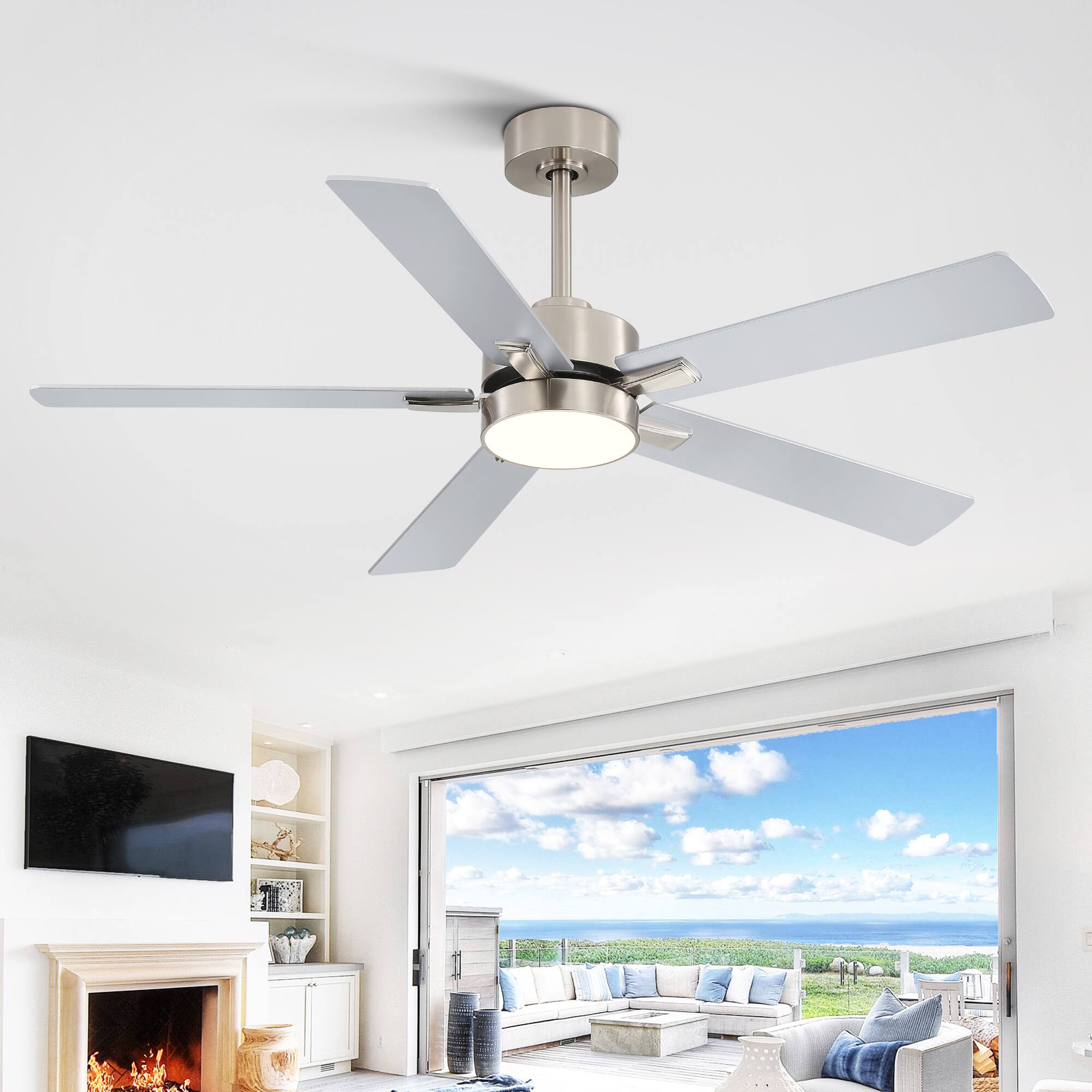 Back. Breezary - 52" Modern Indoor Ceiling Fan with LED Light, 5 Reversible Plywood Blades, 6-Speed DC Motor, Remote, Timer, 5" Downrod - Satin Nickel and Silver.