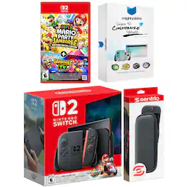 Switch 2 + Mario Kart World, Super Mario Party Jamboree, MightySkins Code and Protective Case Bundle - Nintendo Switch 2