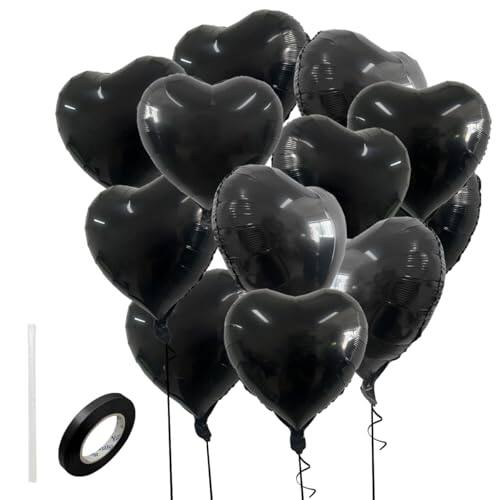 Front. DORLUKFU - 12 Pcs Party Heart Balloons，18 Inch Love Birthday Foil Balloons Decorations for Wedding Valentine’s Anniversary Wedding - Black.
