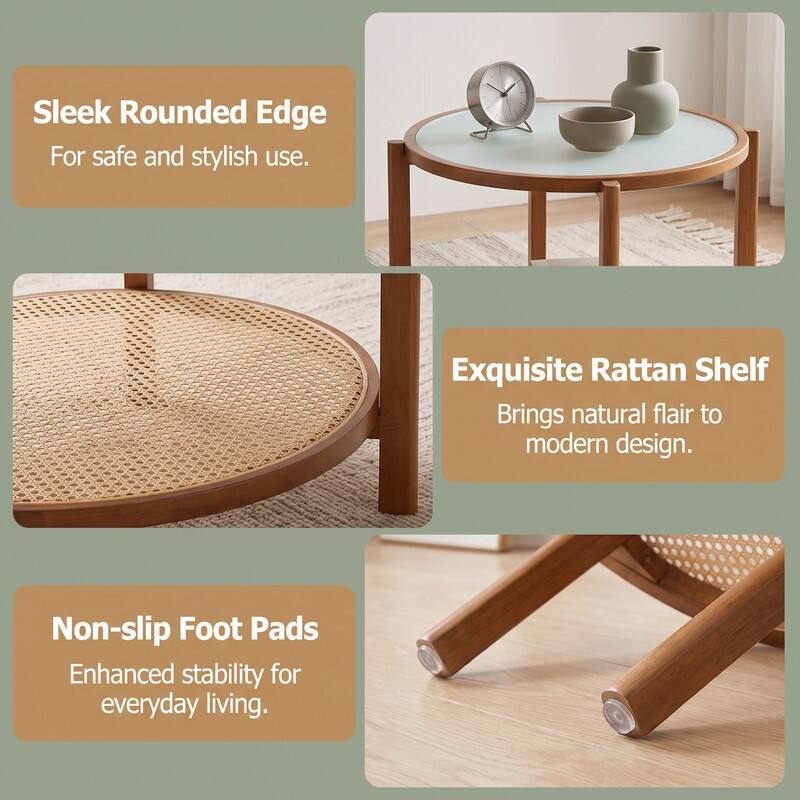 Sleek Rounded Edge  
For safe and stylish use.

Exquisite Rattan Shelf  
Brings natural flair to modern design.

Non-slip Foot Pads  
Enhanced stability for everyday living.