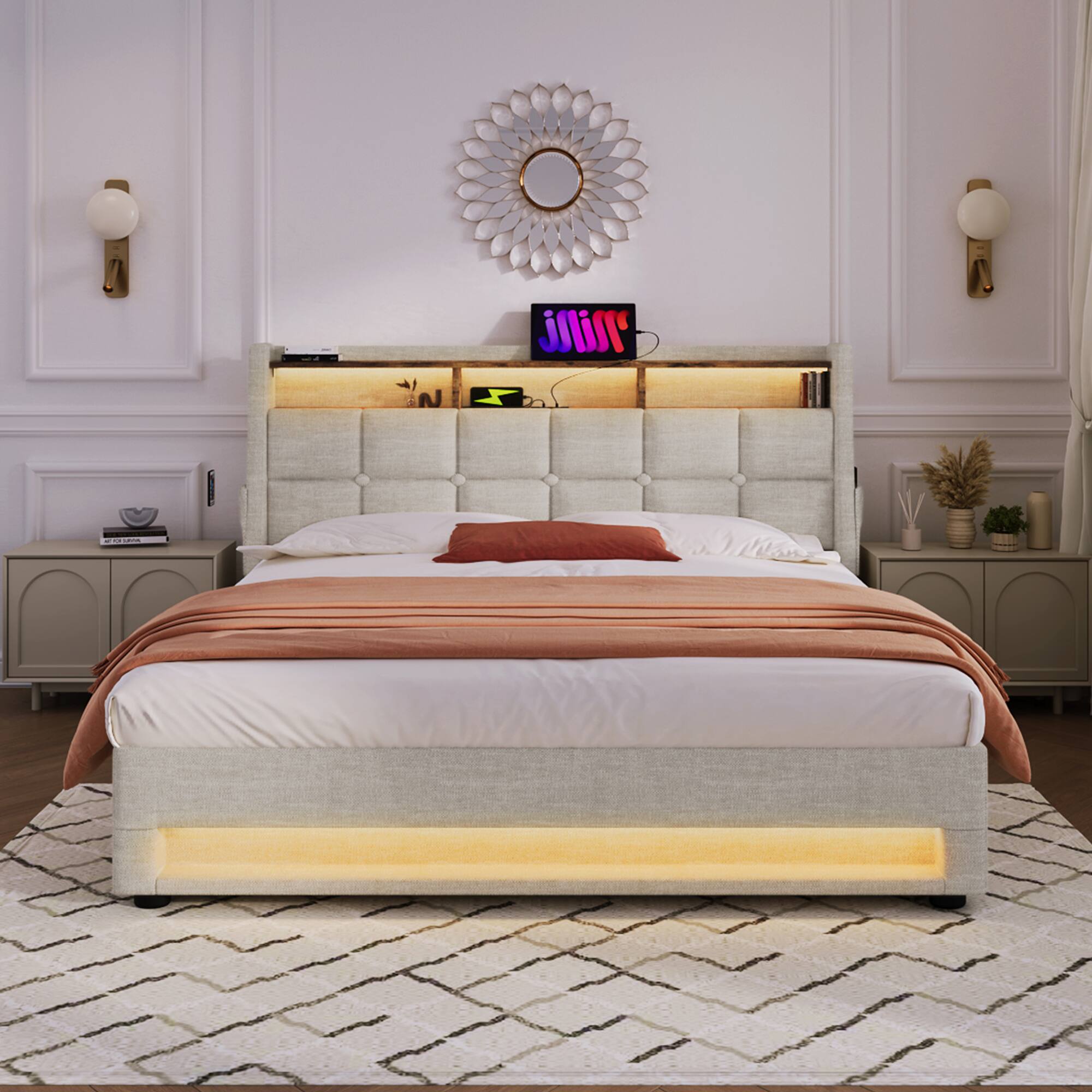 Left. Anysun - Full Size Upholstered Platform Bed - Hydraulic Storage, LED, Charging Station, No Box Spring, Easy Assembly - Natural.
