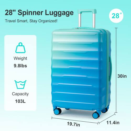 28" Spinner Luggage  
Travel Smart, Stay Organized!  

Weight: 9.8lbs  
Capacity: 103L  

Dimensions:  
- Height: 30in  
- Width: 19.7in  
- Depth: 11.4in