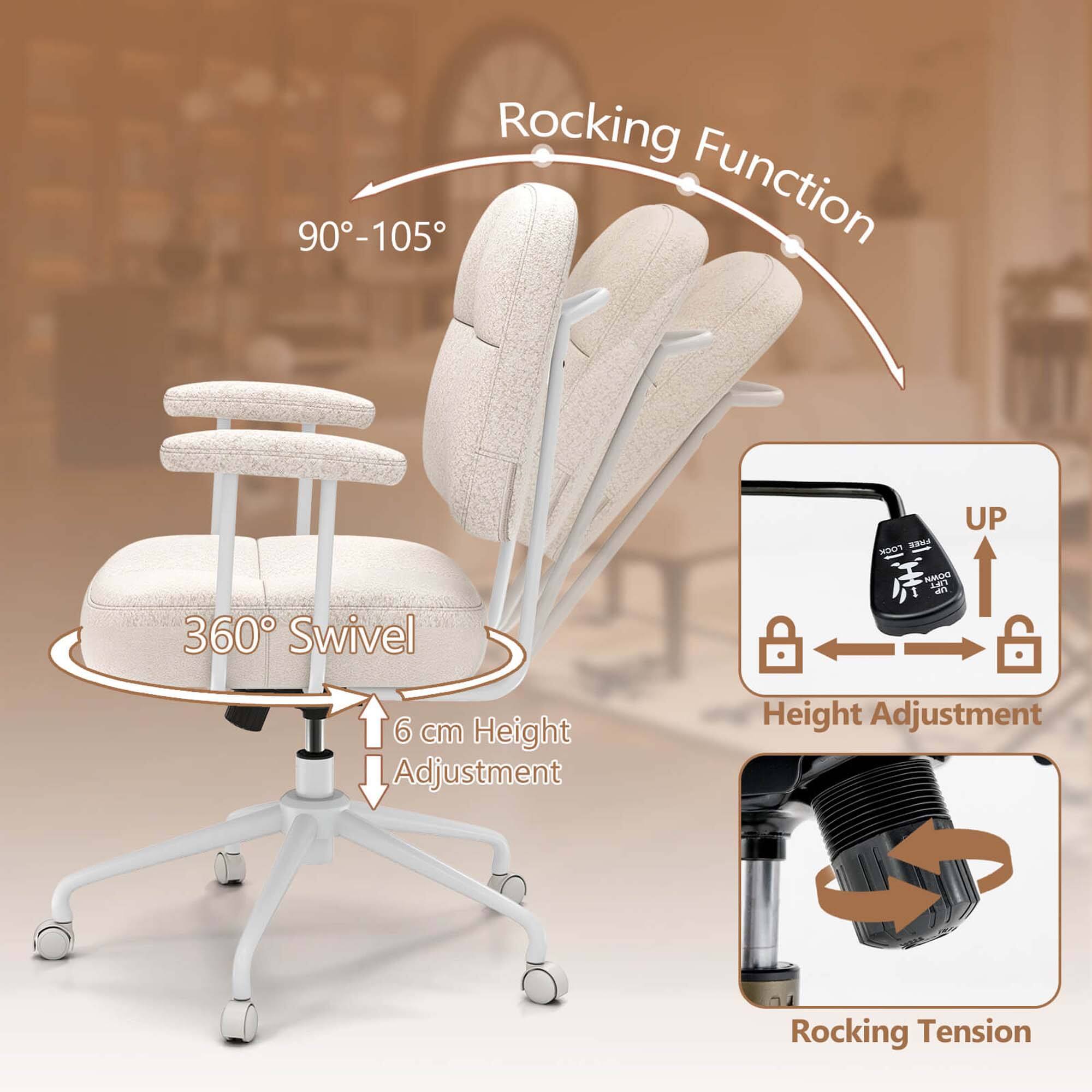 The image features a white chair with a rocking function that allows for height adjustment. The chair is designed with a 360-degree swivel, providing added convenience and comfort. The rocking function is described as a "rocking tension" feature, which likely refers to the resistance provided by the chair when it is rocked back and forth. The chair is also equipped with a locking mechanism to secure the height adjustment, ensuring stability and safety while using the chair.
