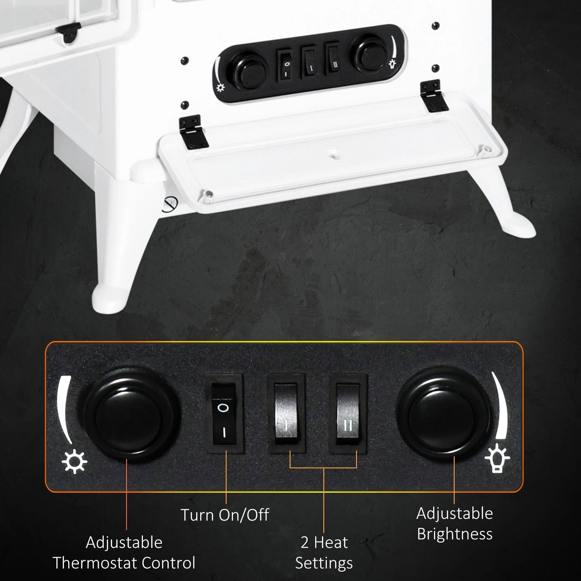 - Adjustable Thermostat Control
- Turn On/Off
- 2 Heat Settings
- Adjustable Brightness