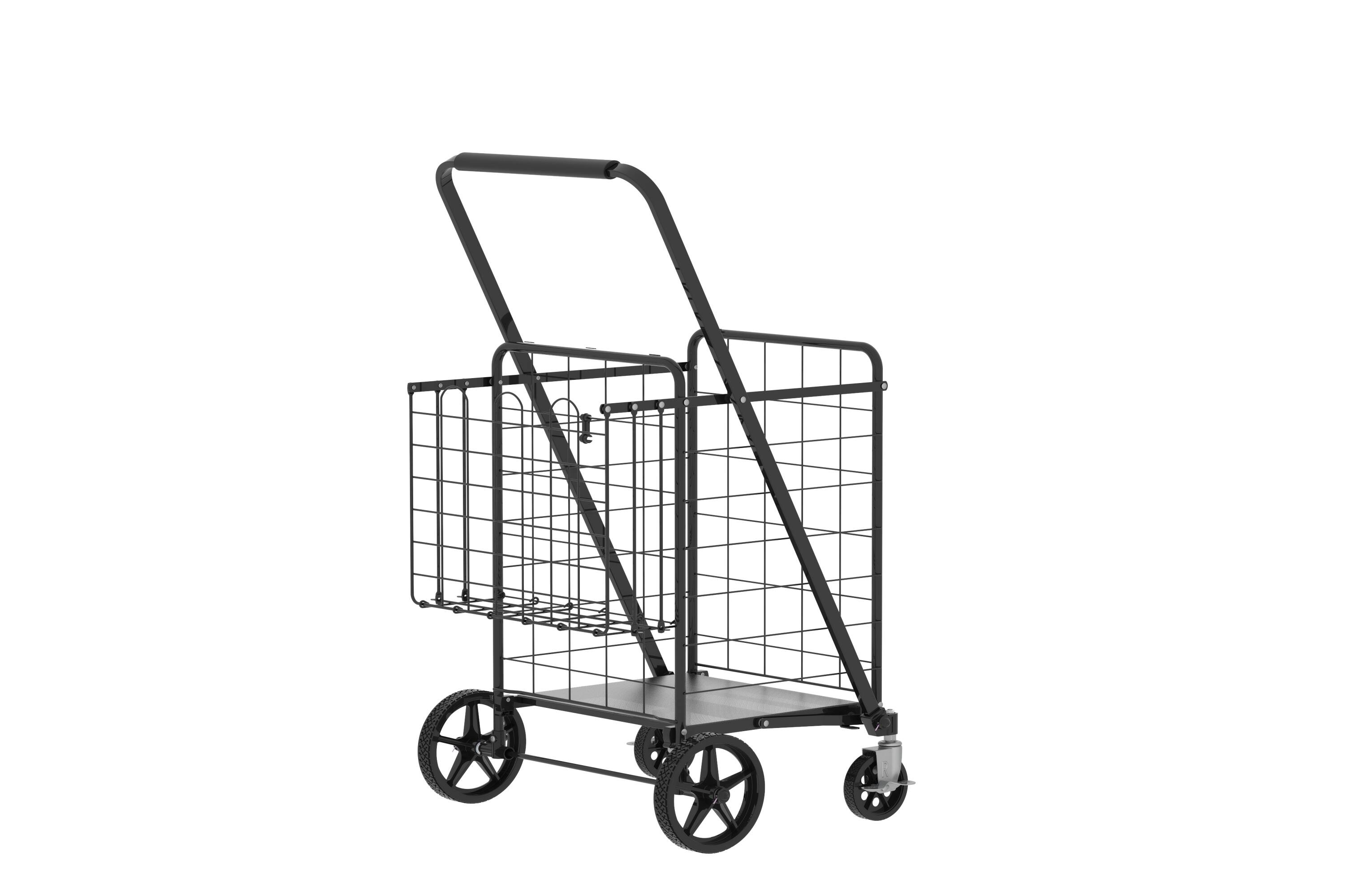 Alt View 10. Glintex - Large Shopping Cart with Brake,Foldable Utility Shopping Carts with Double Basket and 360° Rolling Swivel Wheels - Antique Black.