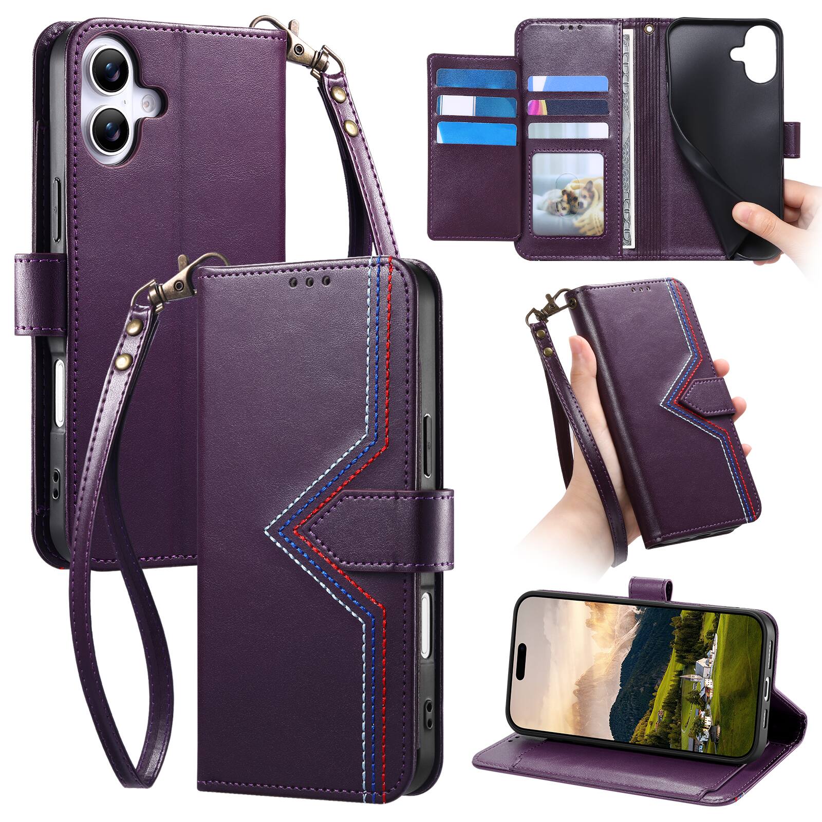 Front. Dteck - Wallet Phone Case for Apple iPhone 16 with Wrist Strap, Slim Shockproof Leather Kickstand Folio Protective Cover - Purple.