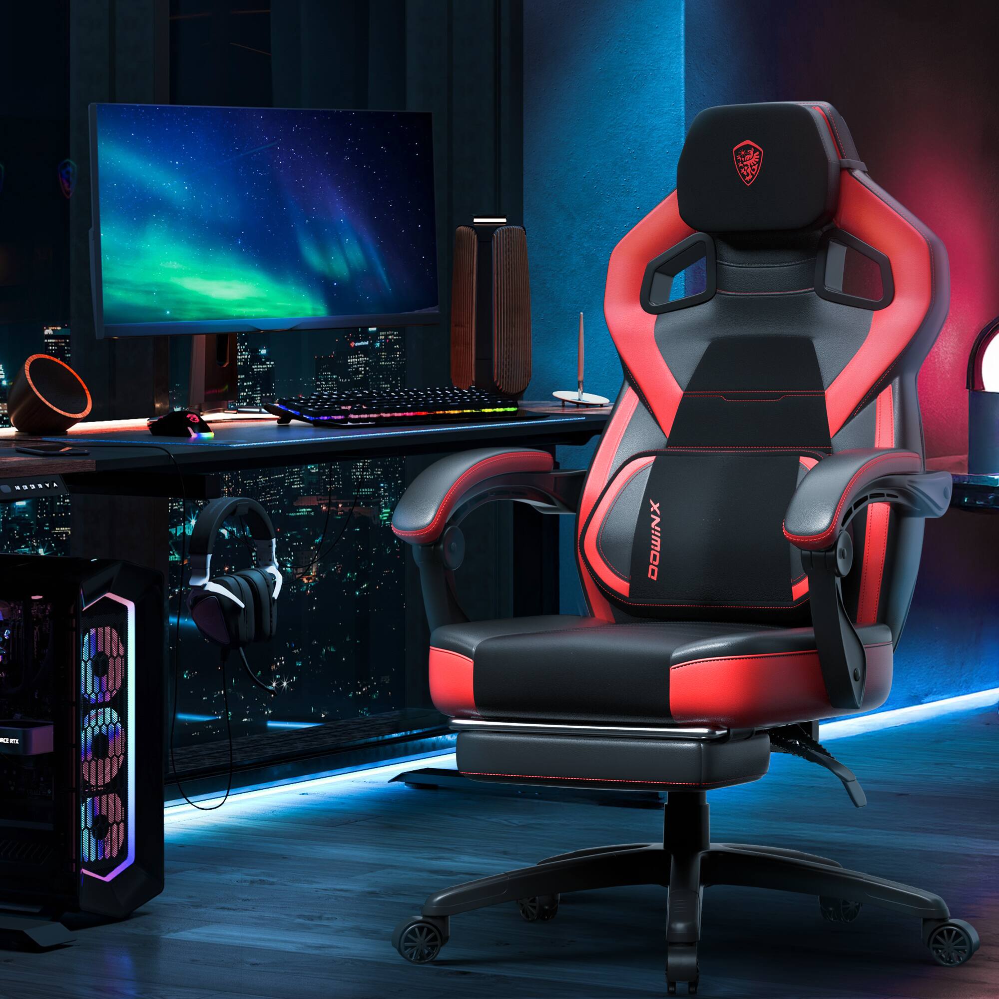 Alt View 3. Dowinx - Wide Back Gaming Chair with Footrest for Adults, Office Chair Big and Tall with Breathable Pocket Spring Cushion - Red.