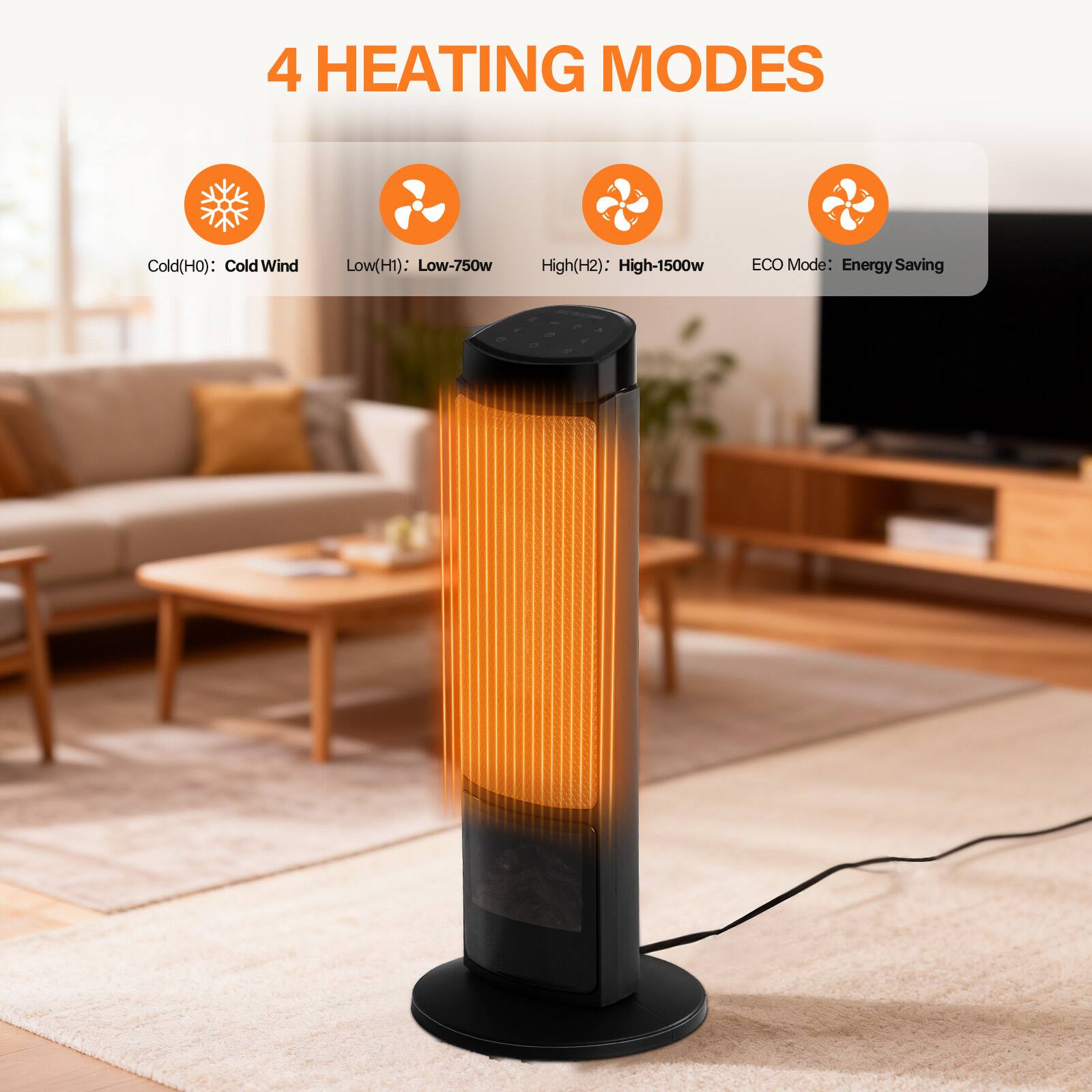4 HEATING MODES

- Cold(H0): Cold Wind
- Low(H1): Low-750w
- High(H2): High-1500w
- ECO Mode: Energy Saving