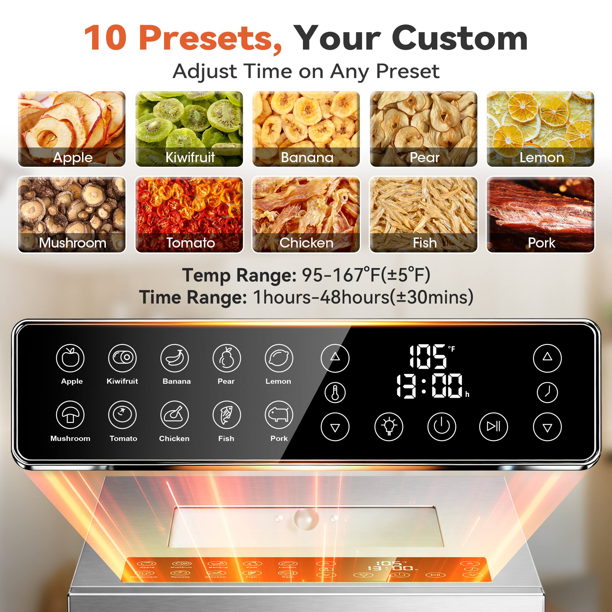 10 Presets, Your Custom Adjust Time on Any Preset

Apple
Kiwifruit
Banana
Pear
Lemon
Mushroom
Tomato
Chicken
Fish
Pork

Temp Range: 95-167°F (±5°F)
Time Range: 1 hours-48 hours (±30 mins)

105°F
13:00 h