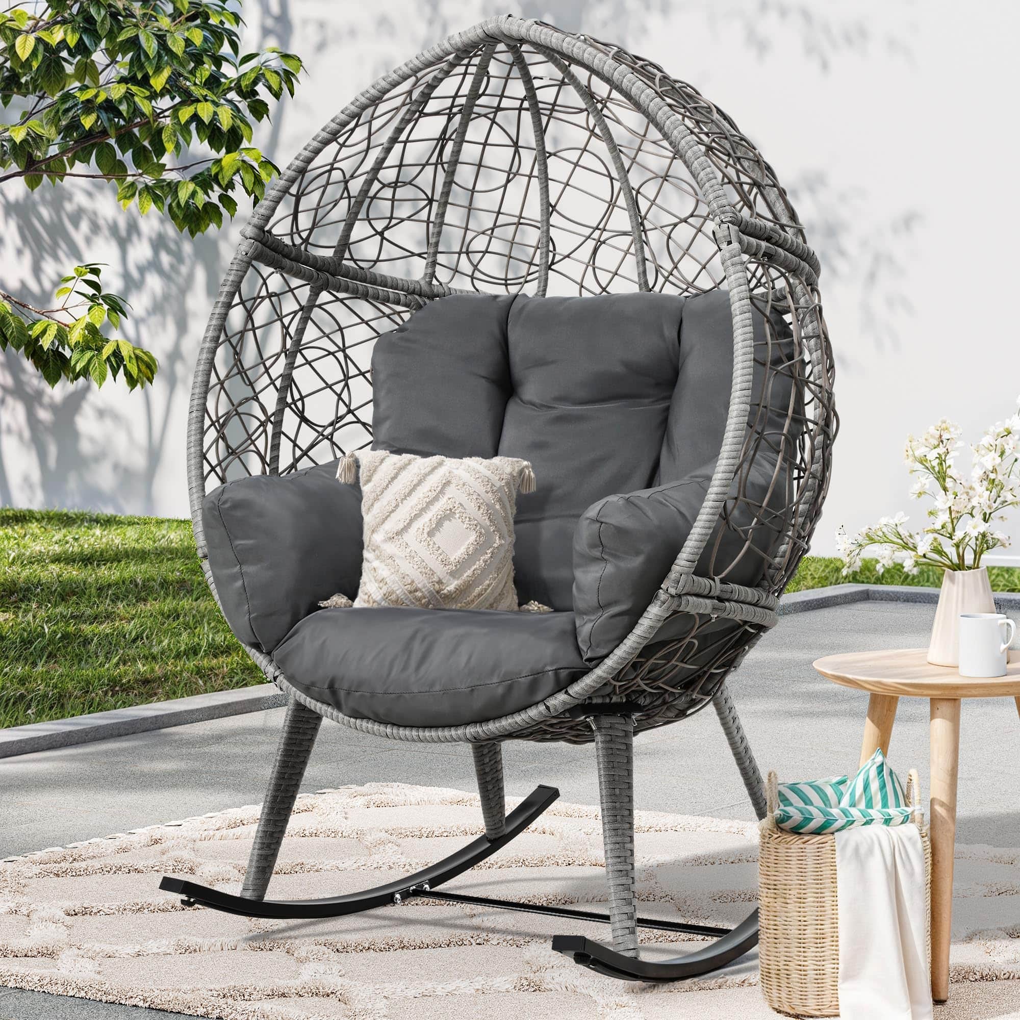 Fabibe - Wicker Rocking Egg Chair, Outdoor Patio Rocking Chair with 5.9in Thick Cushion, 250lb Capacity, Anti-Slip - Default