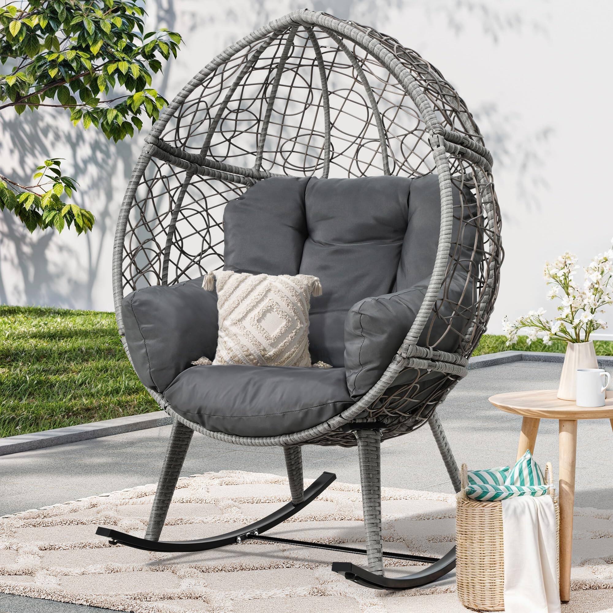 Fabibe - Wicker Rocking Egg Chair, Outdoor Patio Rocking Chair with 5.9in Thick Cushion, 250lb Capacity, Anti-Slip - Default