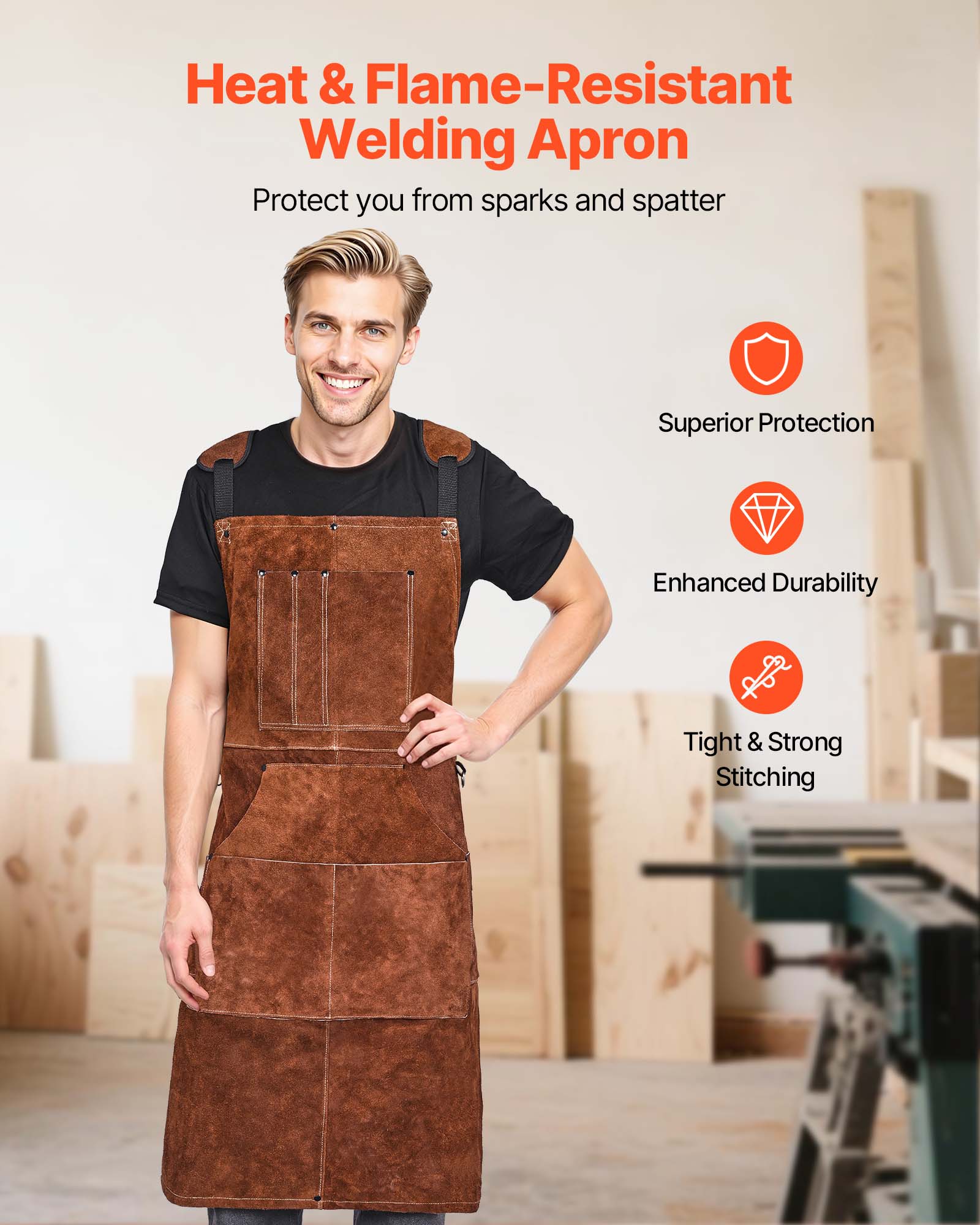 Heat & Flame-Resistant Welding Apron  
Protect you from sparks and spatter  
Superior Protection  
Enhanced Durability  
Tight & Strong Stitching