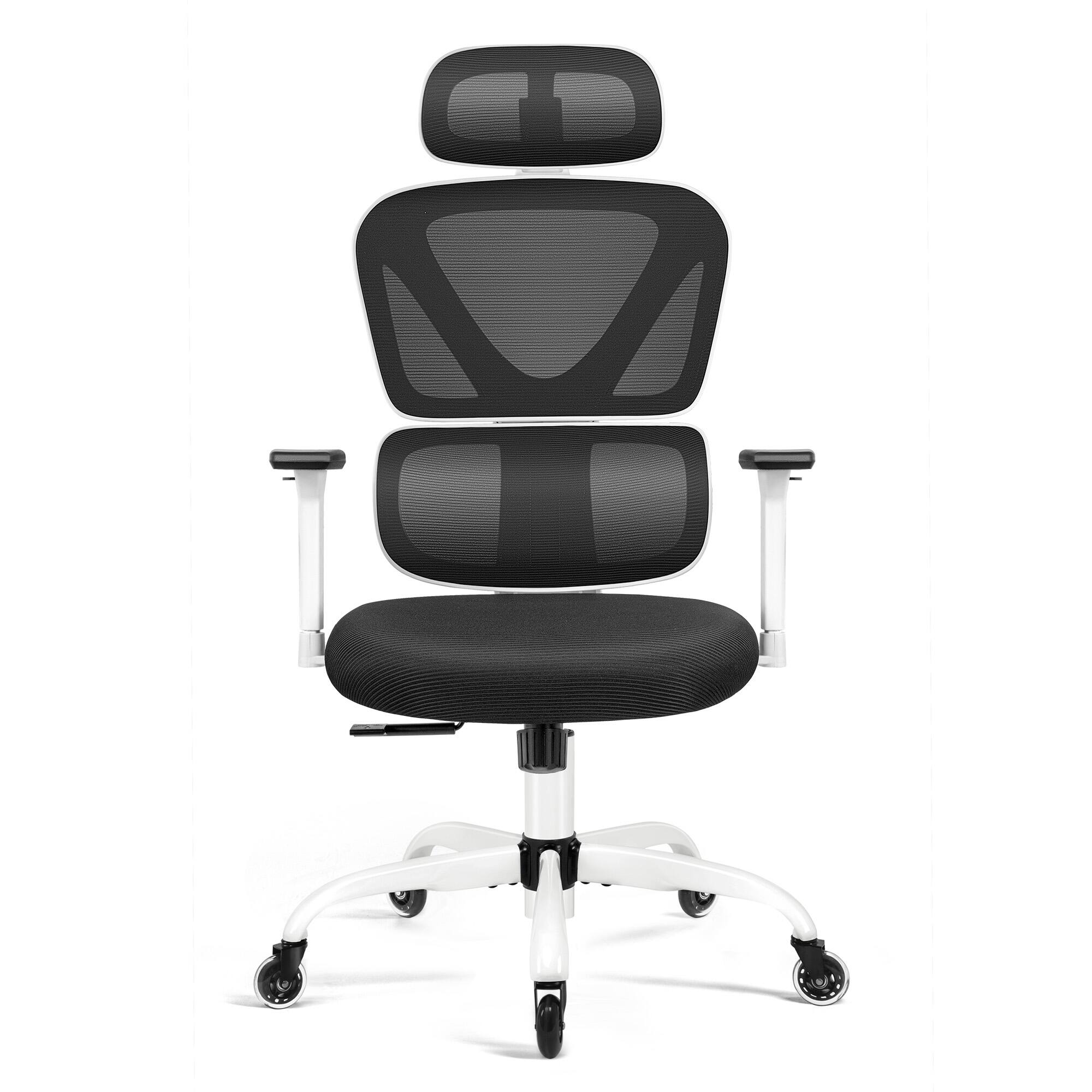 Back. Brick Attic - Ergonomic Office Chair, High Back Mesh Gaming Chair with Adjustable Headrest 3D Armrests Silent Wheels Lumbar Support - White.