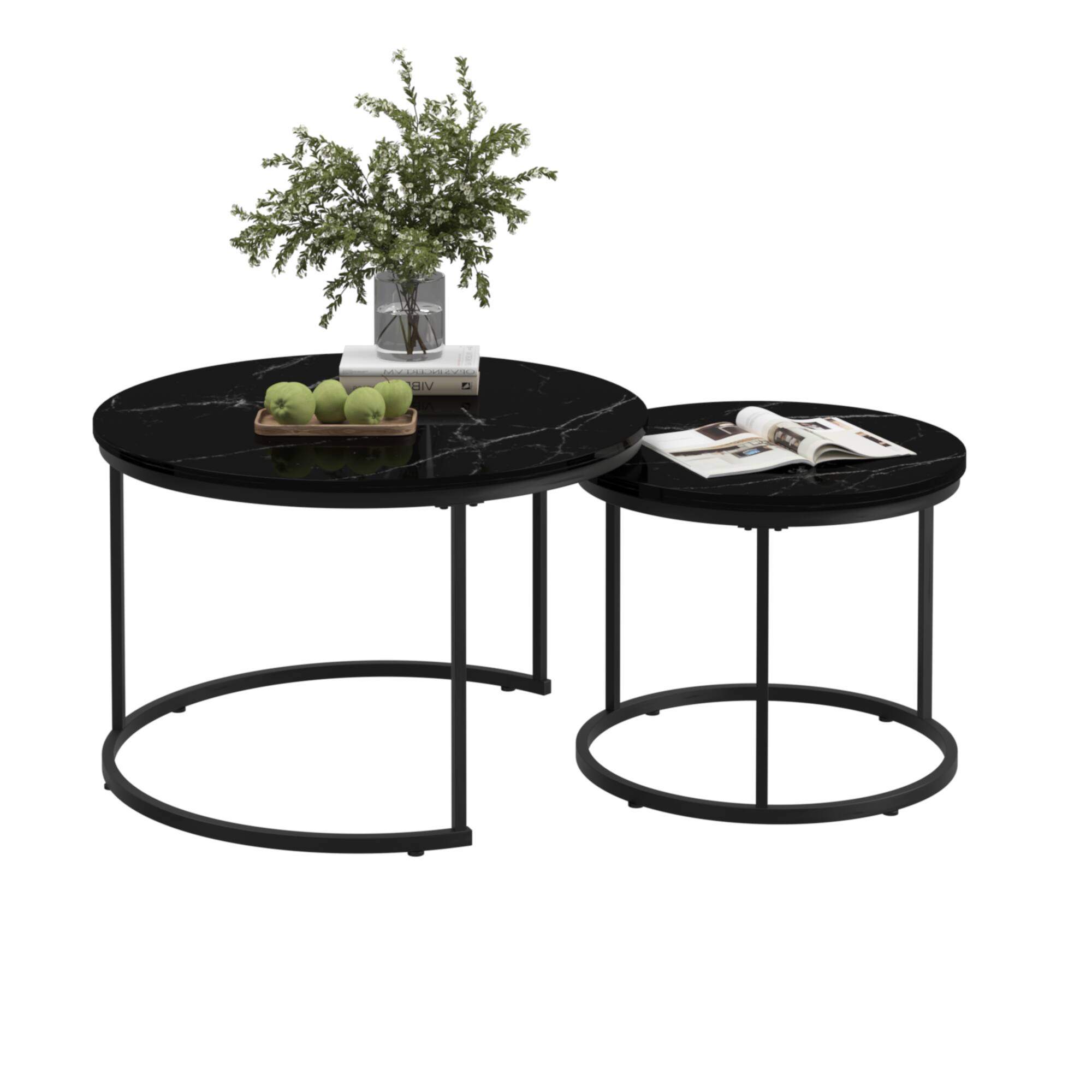 Front. Ecooso - Nesting Coffee Table Set of 2, 27.6" Round Wood Marble Pattern Top with Metal Frame, Side Tables for Living Room - Black.