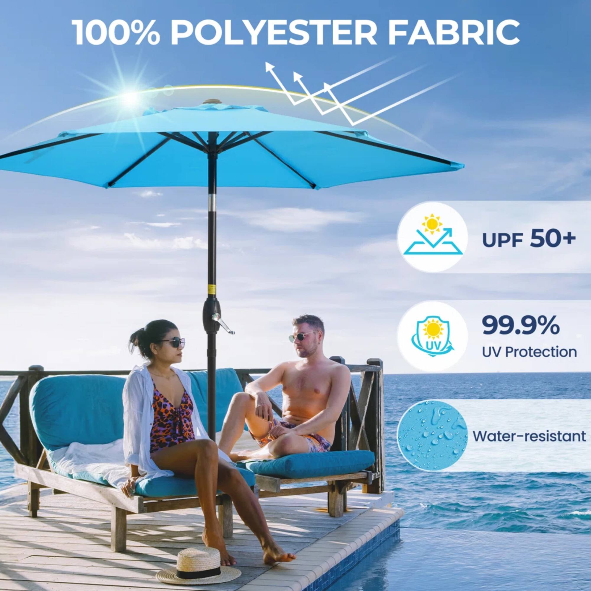100% POLYESTER FABRIC  
UPF 50+  
99.9% UV Protection  
Water-resistant