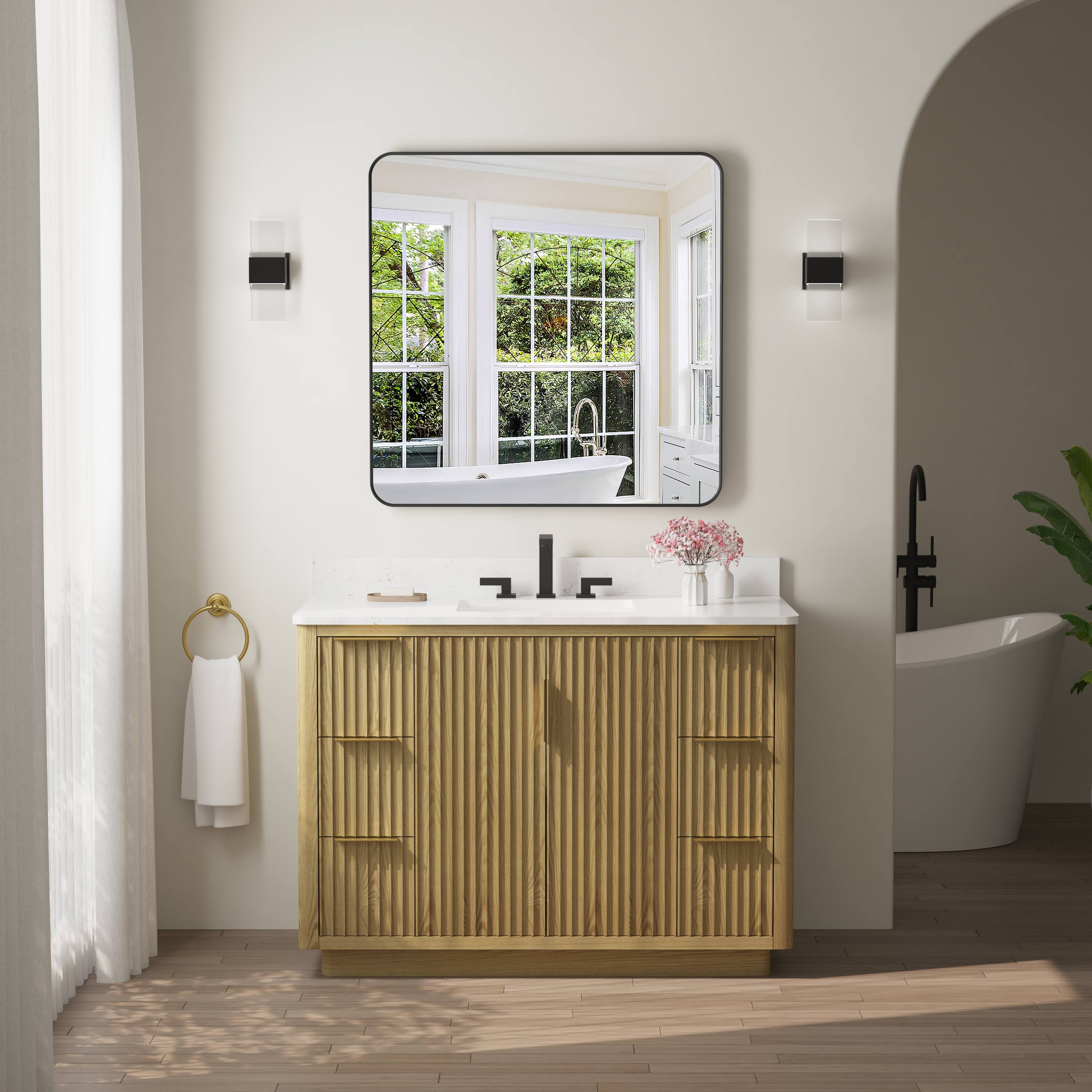 Back. WELLFOR - 36 in. W. x 36 in. H Square Aluminum Framed Wall-Mounted Bathroom Vanity Mirror - Matte Black.