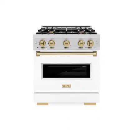 Front. ZLINE - Autograph 30" Classic Gas Range with 4 Burners and Bronze Accents (CGRZ-WM-30-CB) - White.