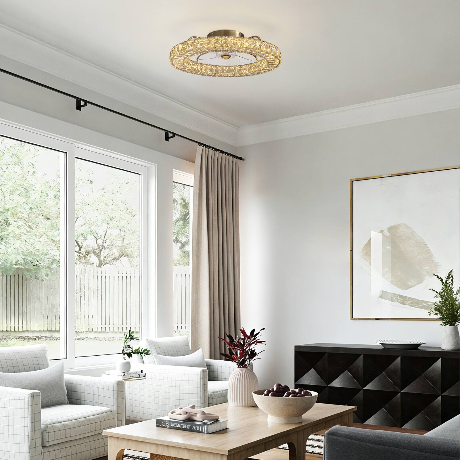 Alt View 4. Siljoy - 20-22-inch Luxury Crystal Flush Mount Fan Light Dimmable Quiet for Bedroom and Living Room - Gold.