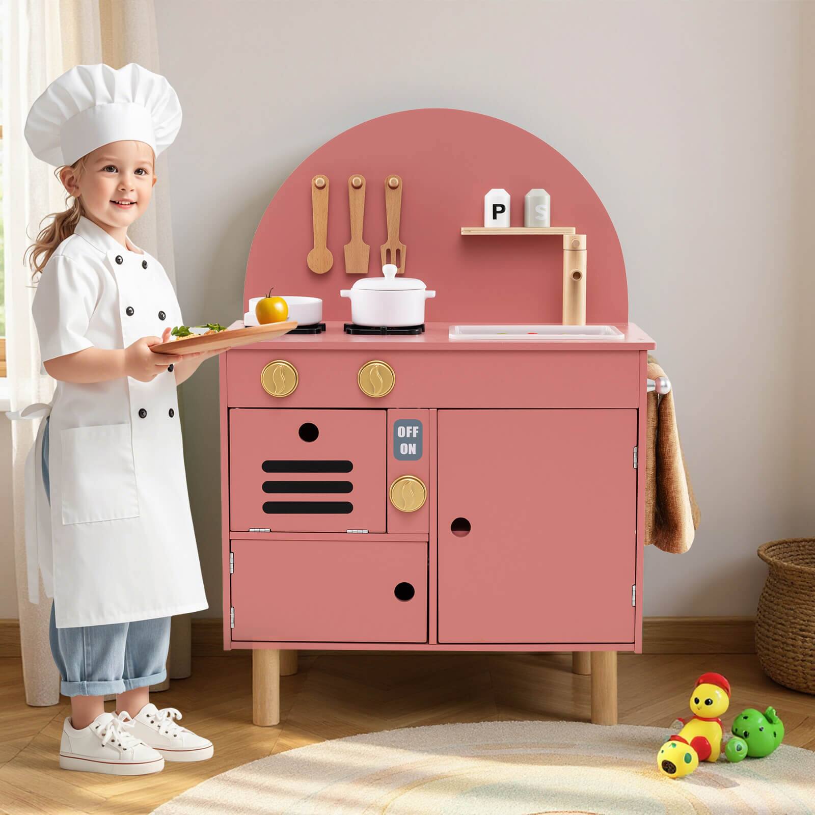 Alt View 3. Costway - Costway Play Kitchen for Kids with Stoves Faucet Sink Microwave Oven Cooking Accessories - Pink.