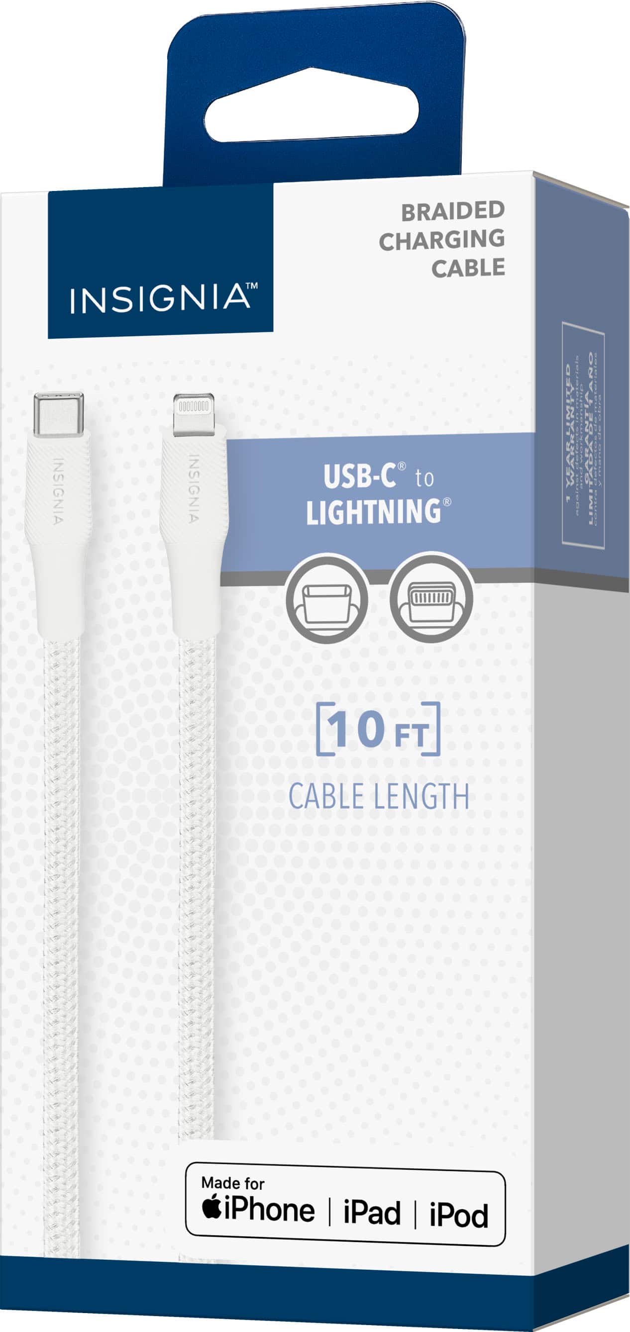Insignia Braided Charging Cable TM USB-C to Lightning, 10 ft cable length, made for iPhone, iPad, and iPod.